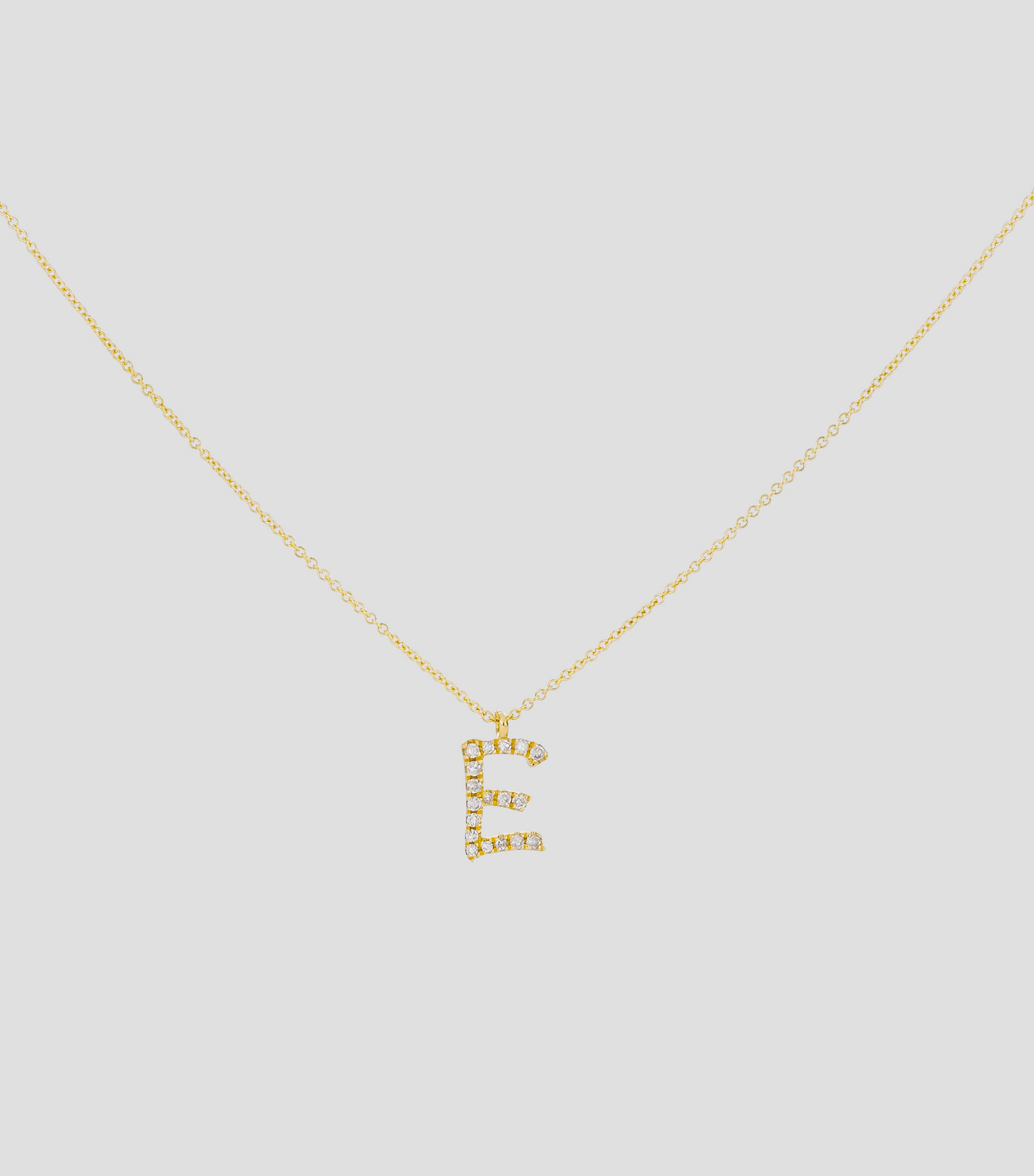 Dije en letra "E" y cadena en Oro amarillo 14 Kts Mujer