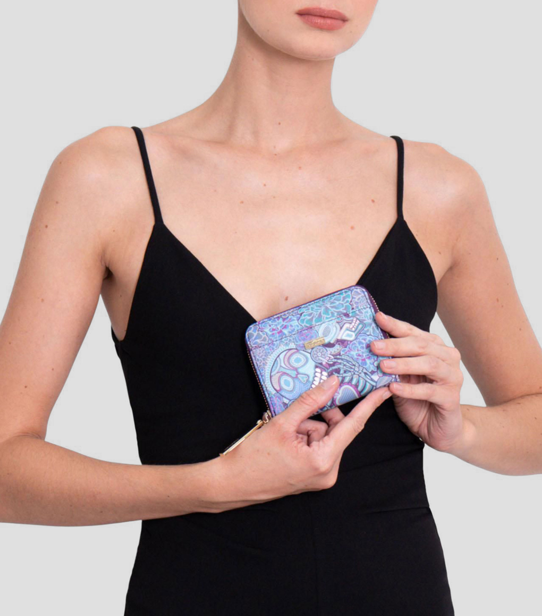 Cartera morada Día de Muertos Catrina estampada Mujer