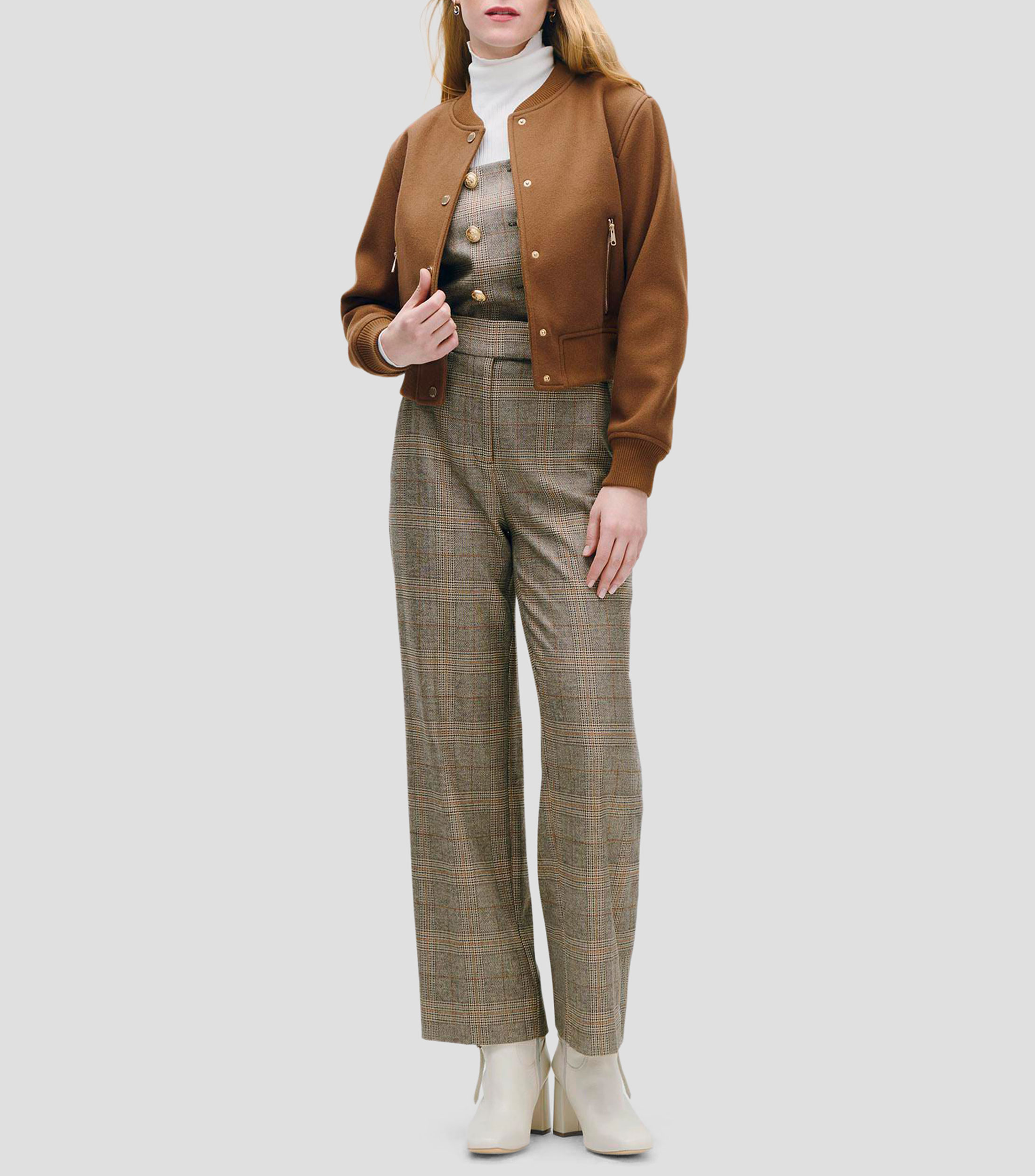 Pantalón Recto Fluido Tiro Alto Cuadros Príncipe de Gales Cartera Simulada Mujer