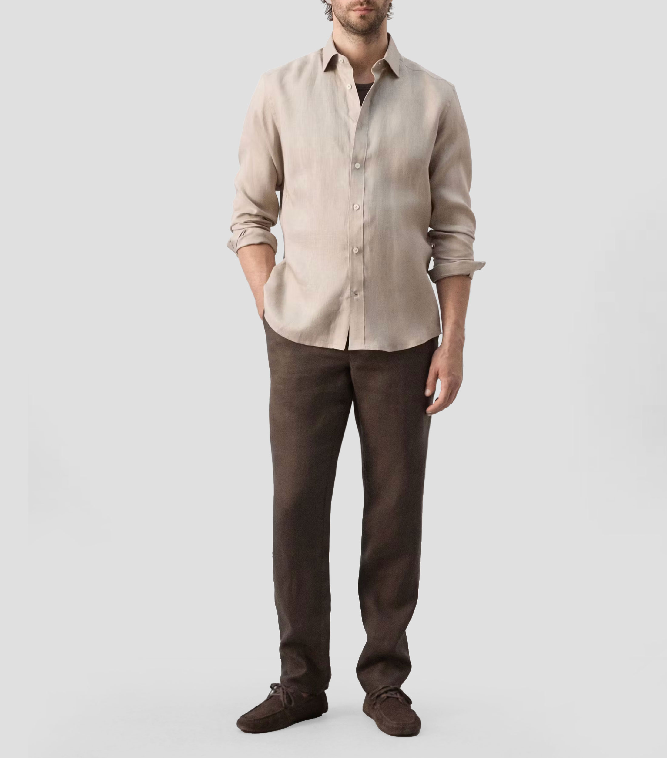 Camisa lisa de lino manga larga Hombre