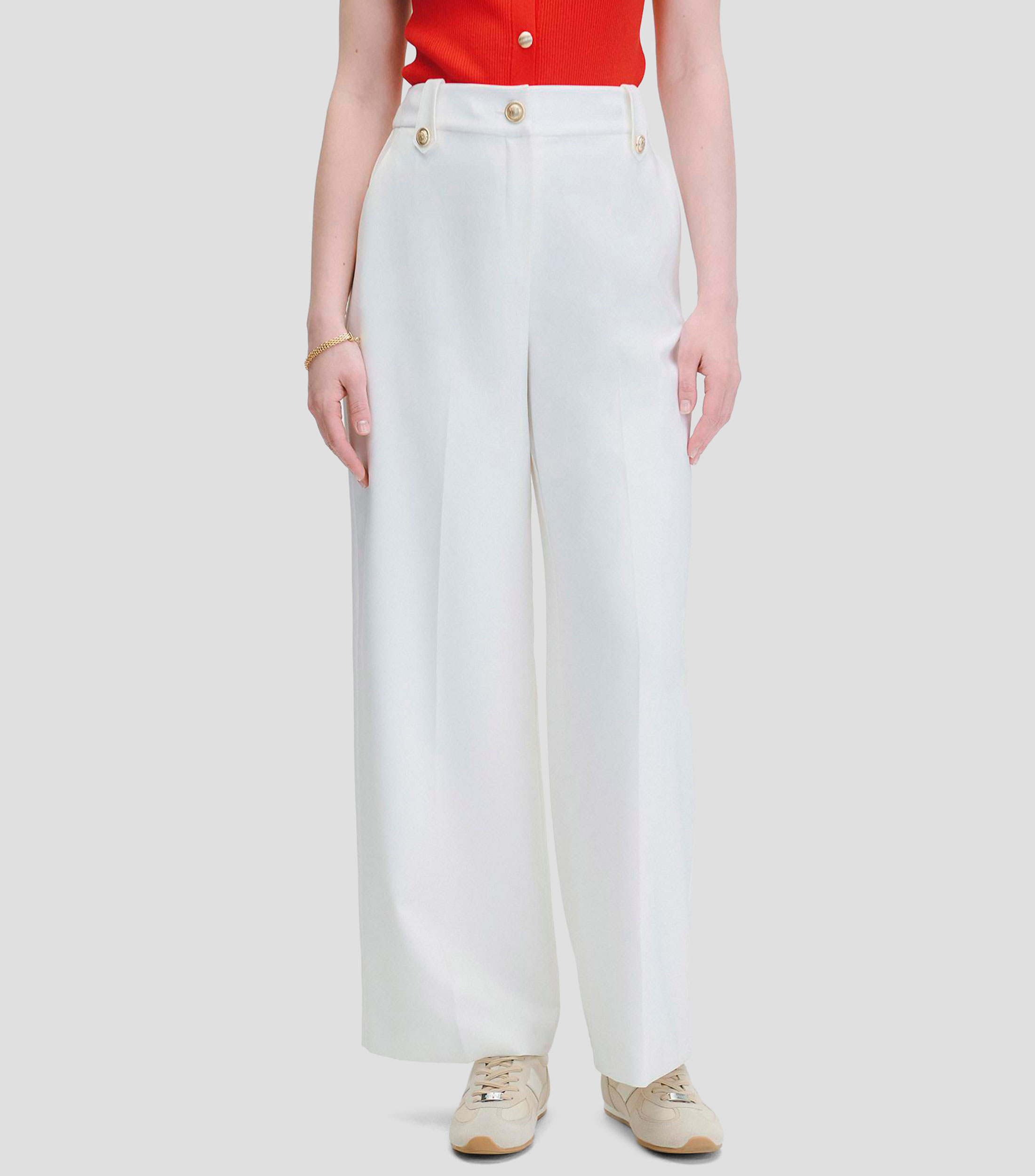 Pantalón Wide Leg Tiro Alto Natural Trabas Con Botón Monograma Mujer