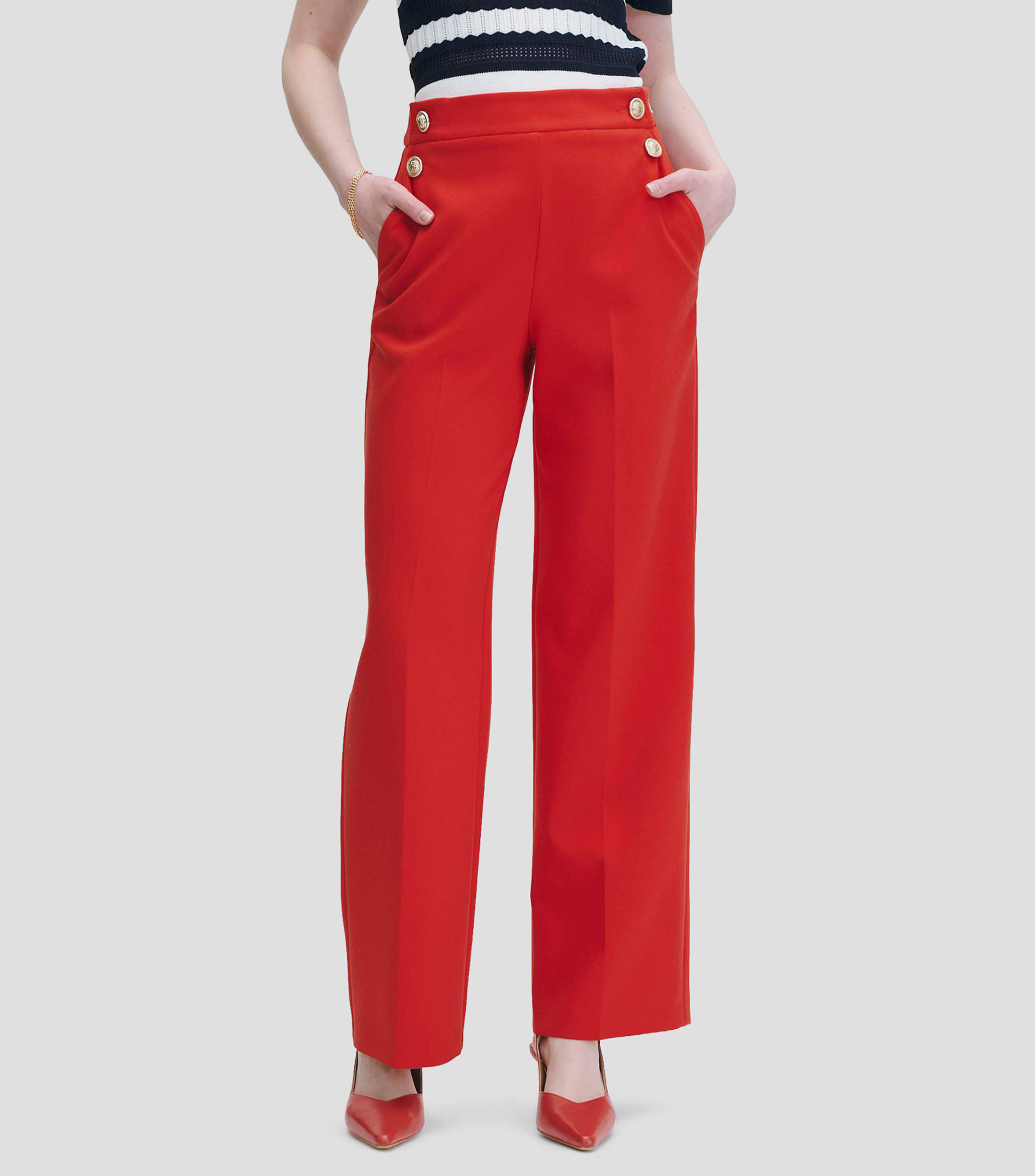 Pantalón Recto Fluido Tiro Alto Rojo Escarlata Bolsillo Francés Pasado Mujer