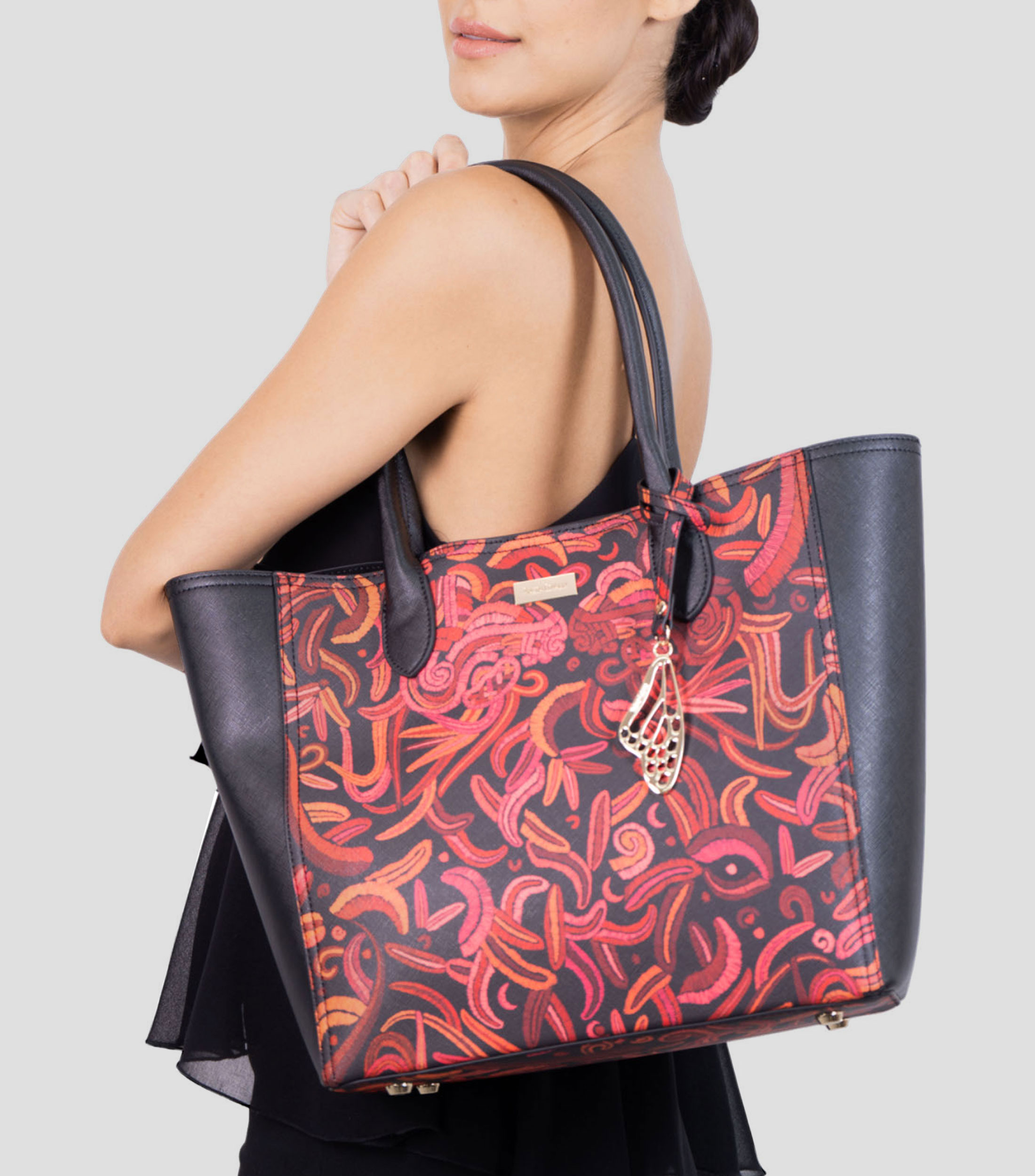 Bolso tote negro con rojo Kuuch Quetzalcóatl Mujer