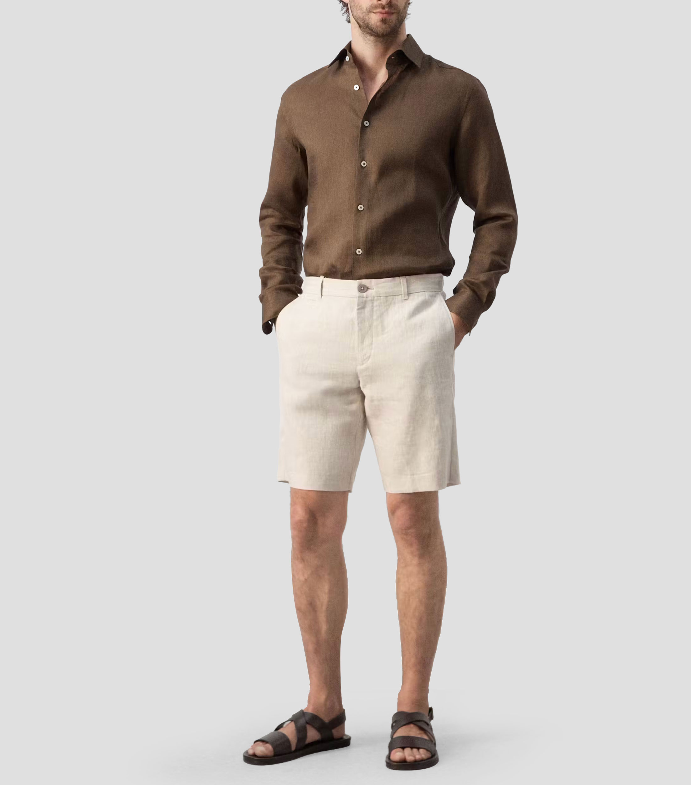 Camisa jaspeada de lino manga larga Hombre