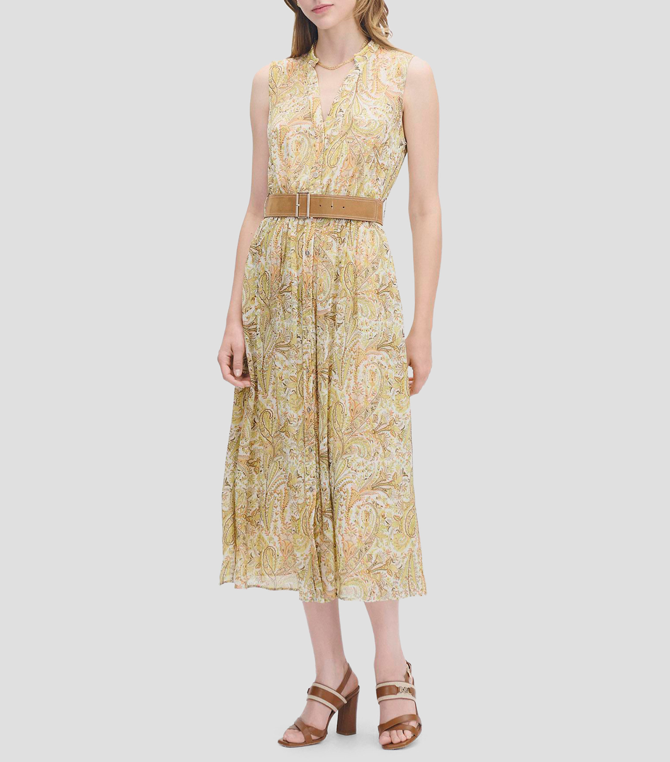 Vestido midi fit and flare chifón corrugado estampado paisleys con cinturón Mujer