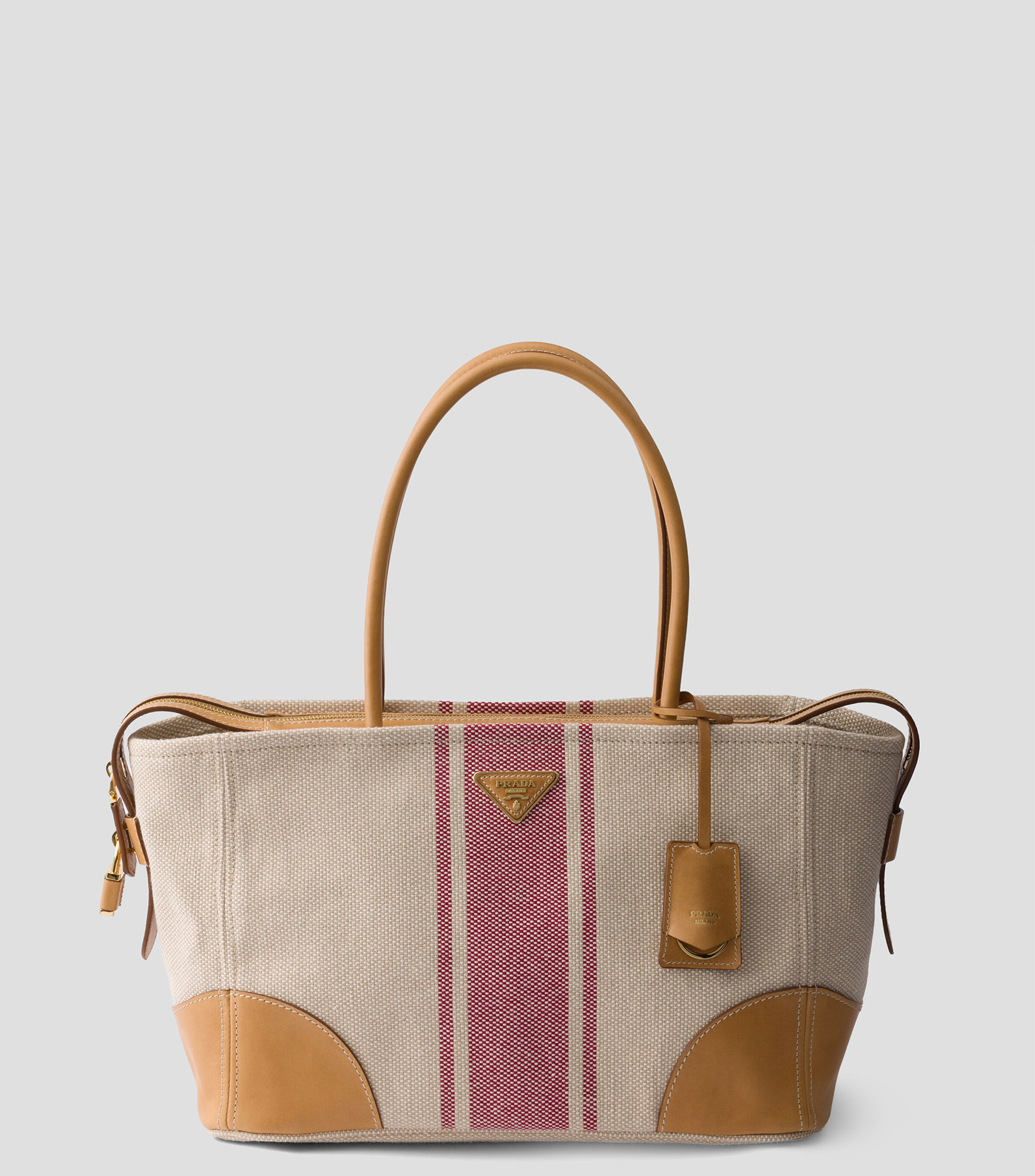 Bolsa Tote Beige Jcon Franjas Rojas, Mujer