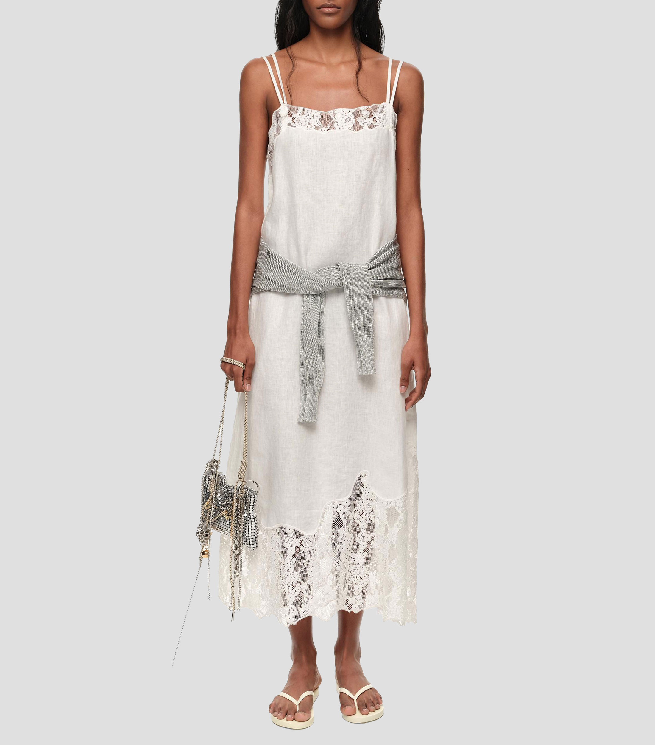 Vestido midi encaje lino lavado Mujer