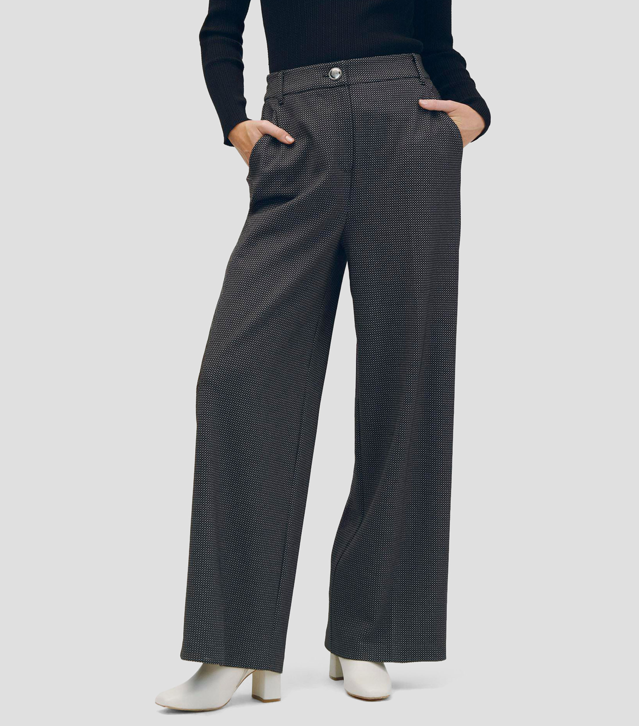 Pantalón Palazzo Negro Jacquard Con Stretch Tiro Alto Mujer