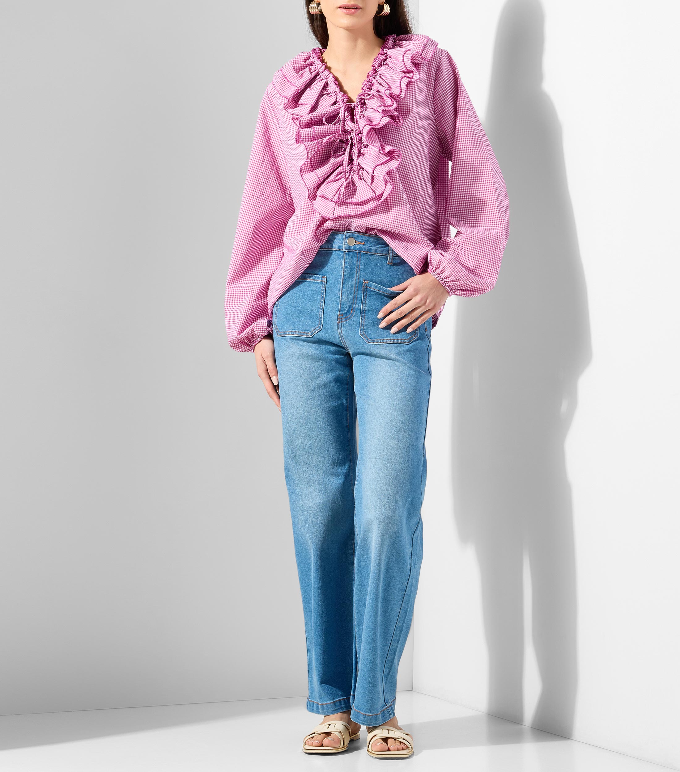 Blusa de cuadros manga larga Mujer