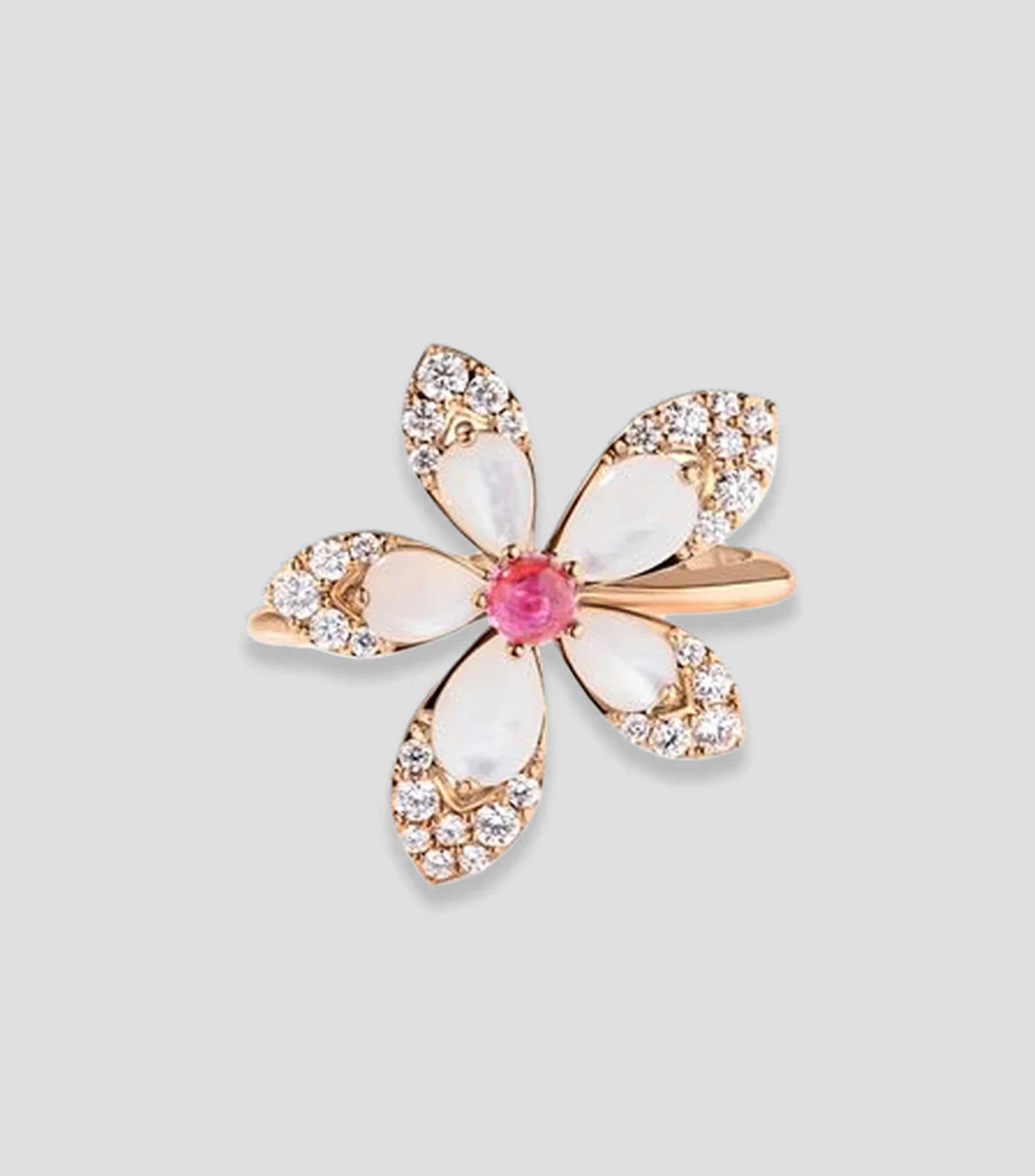 Anillo en Oro amarillo de 18 Kilates Tiaré con diamantes, rubelita y nácar Mujer