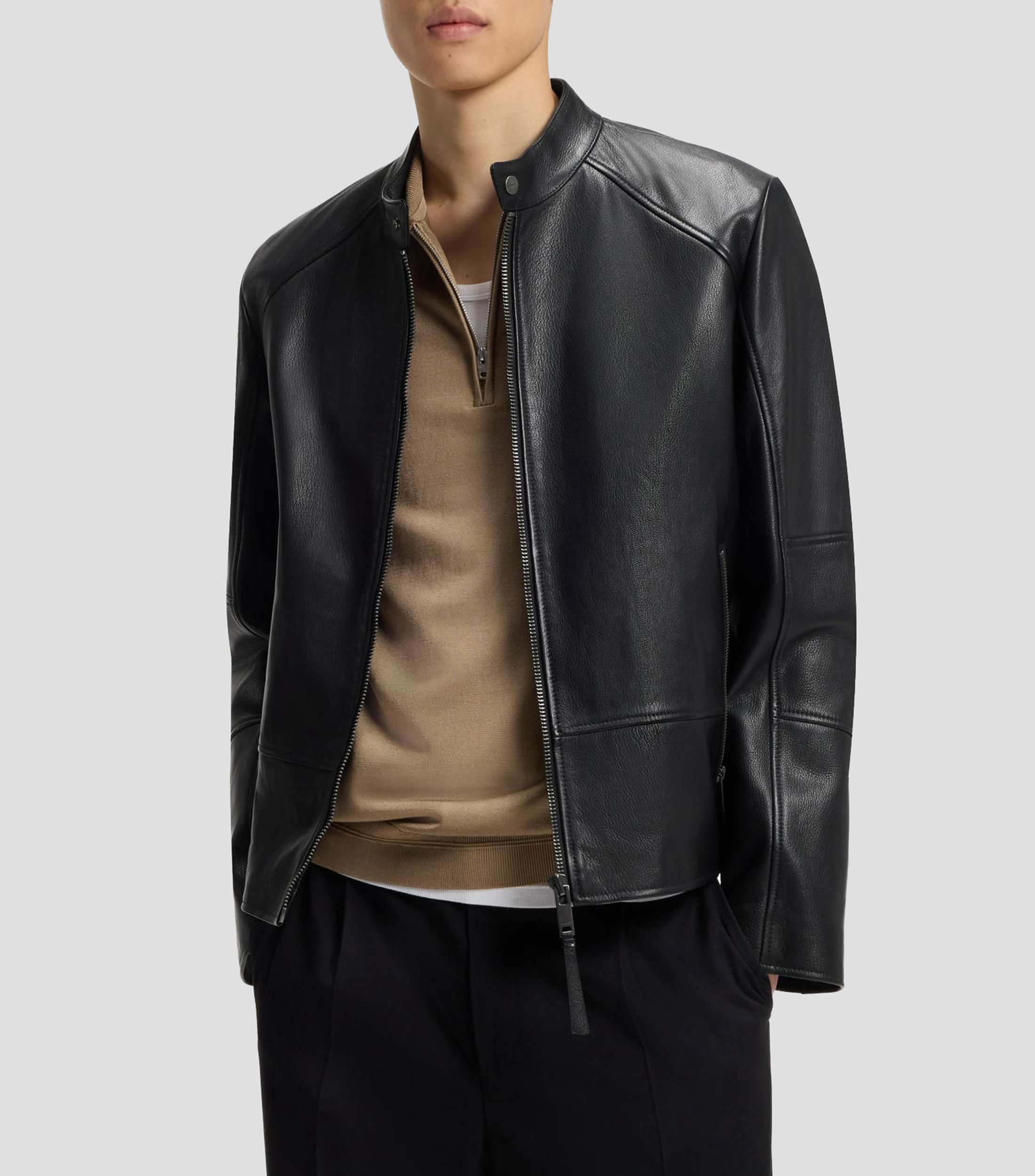 Chamarra racer slim fit en piel lisa Hombre