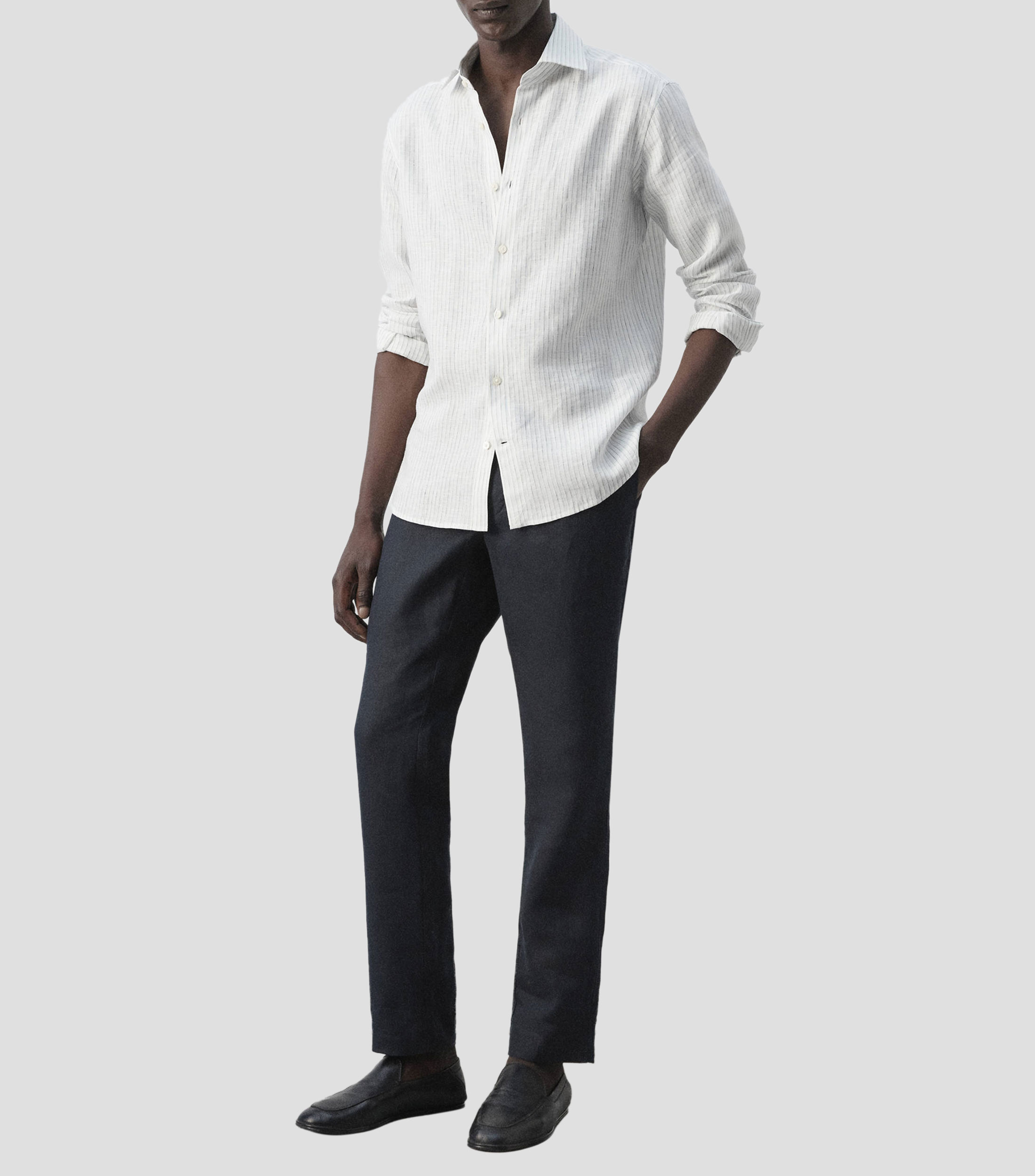 Camisa líneas de lino manga larga Hombre