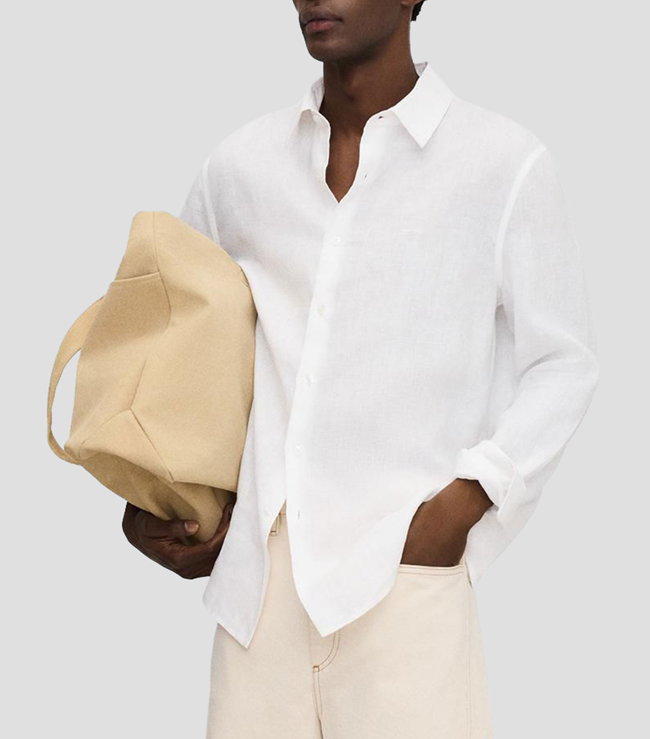 Camisa lisa en lino manga larga Hombre