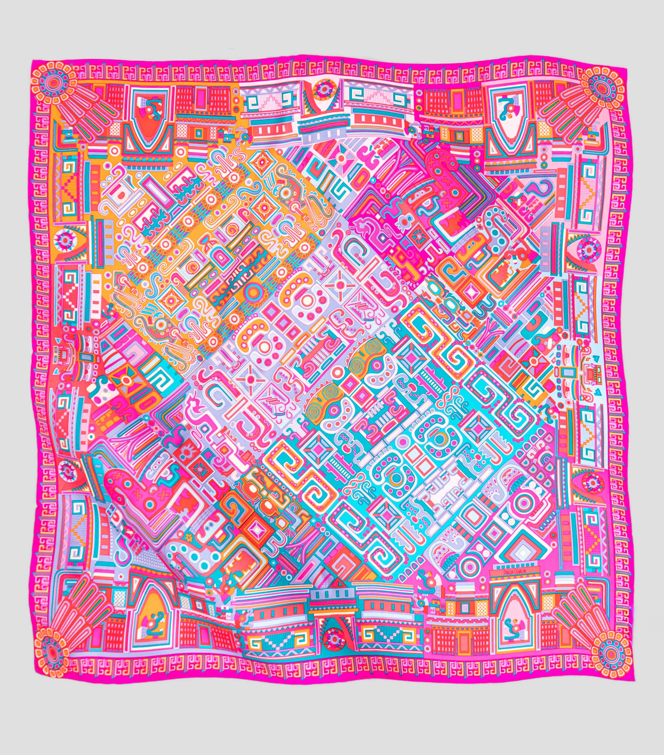 Mascada de seda rosa con decorado prehispánico Mujer