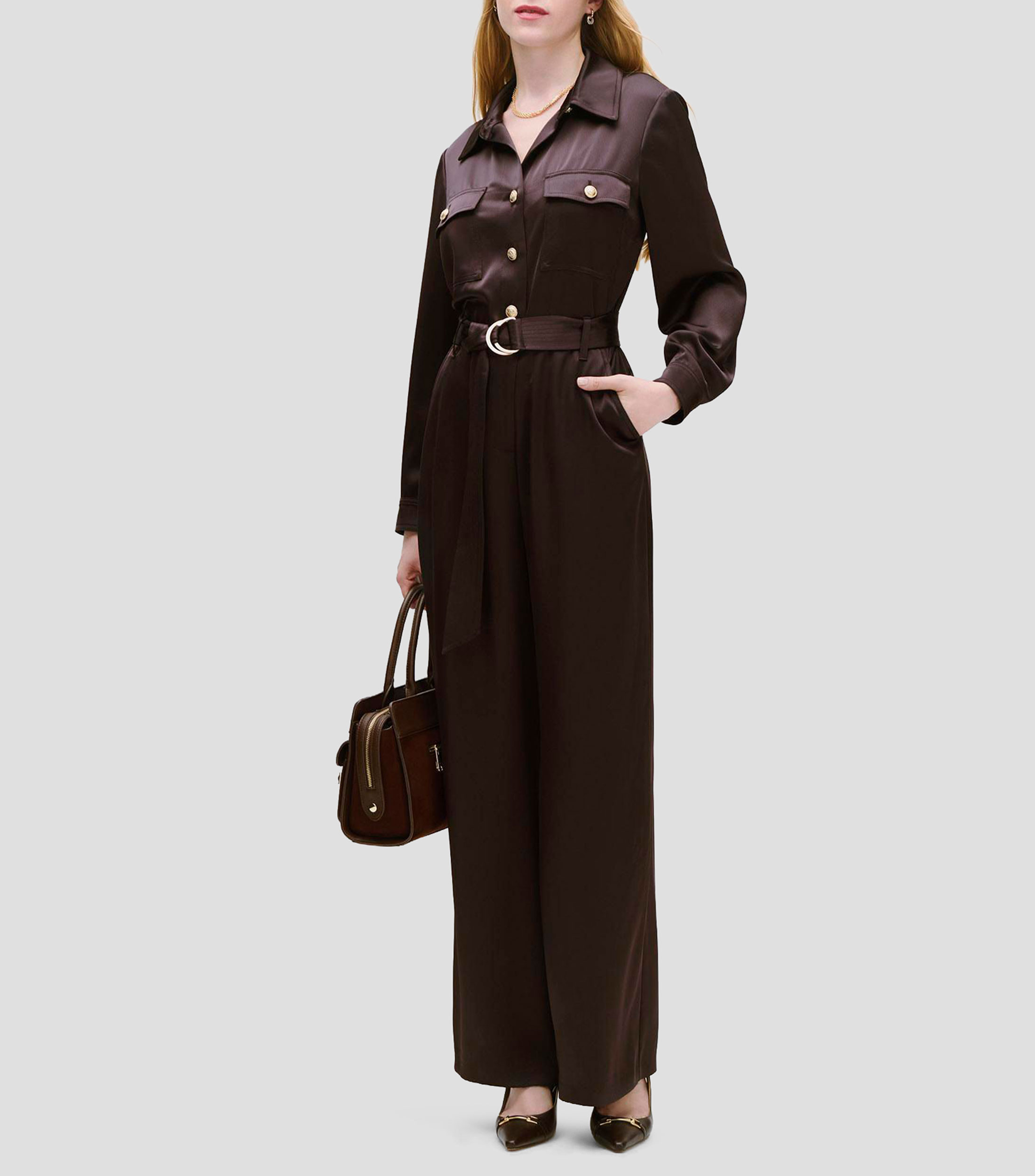 Jumpsuit de Satín Recto Fluido Chocolate Cuello Camisero Mujer