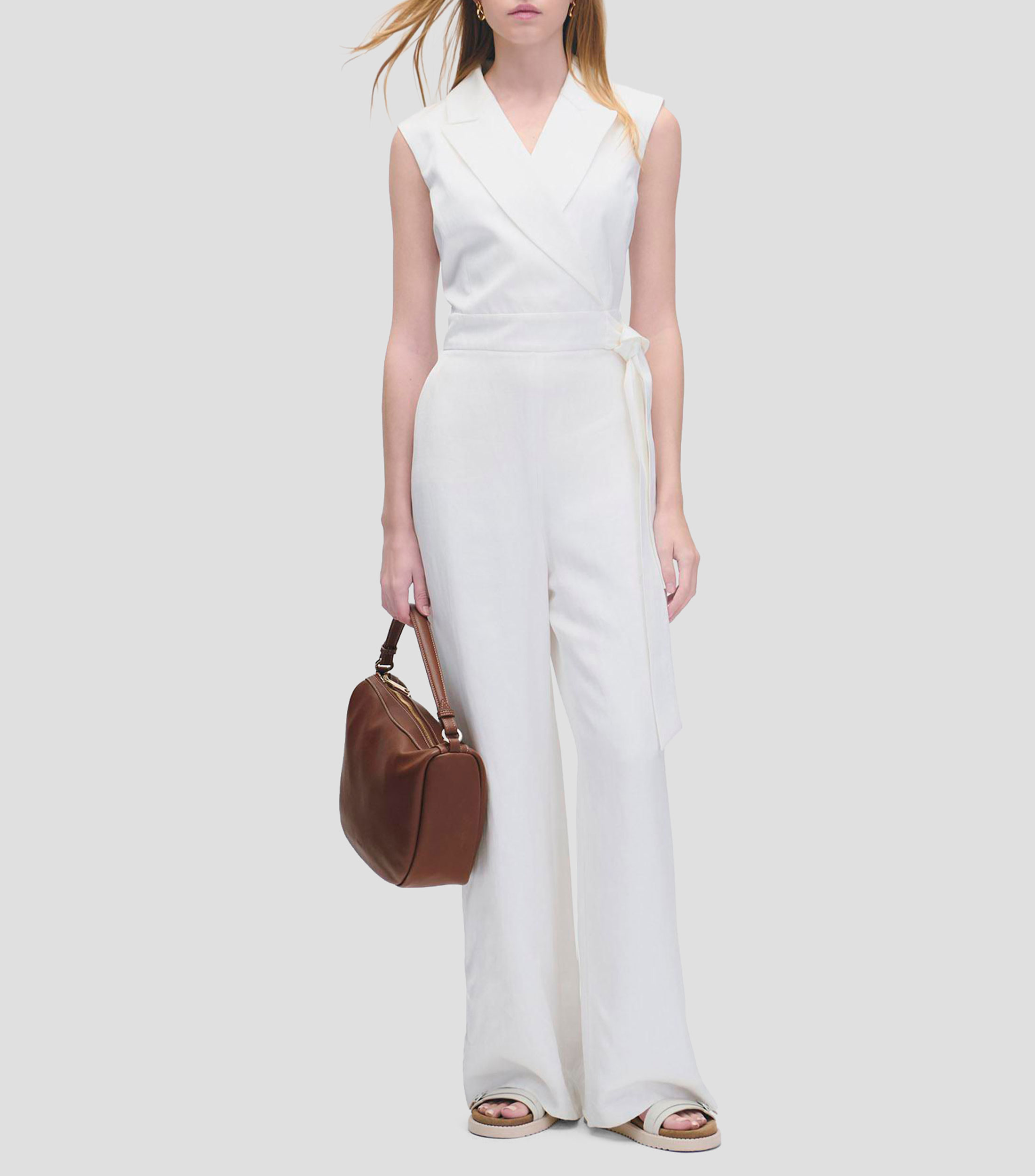 Jumpsuit palazzo blanco de lino cruce con solapa de pico y amarre en cintura Mujer