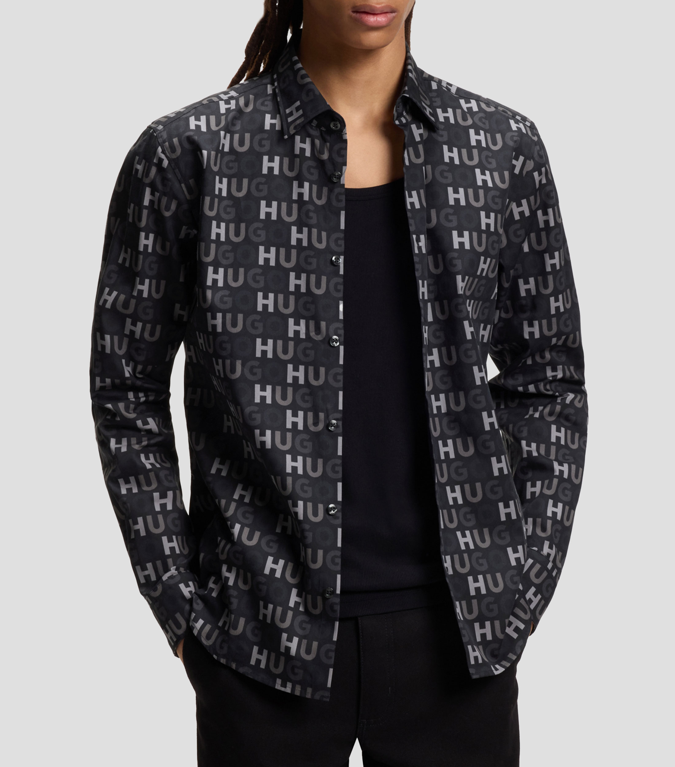 Camisa slim en popelín de algodón estampado Hombre