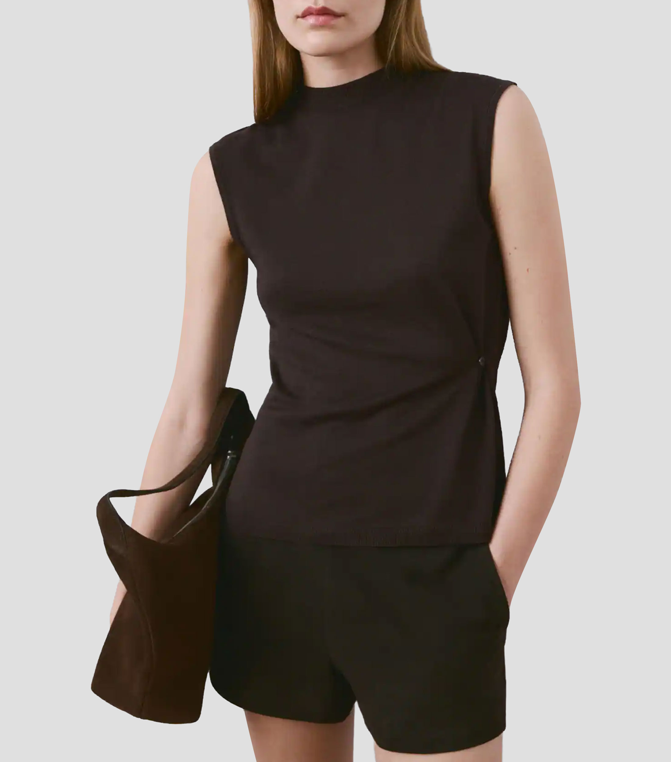 Top cuello alto sin mangas liso Mujer