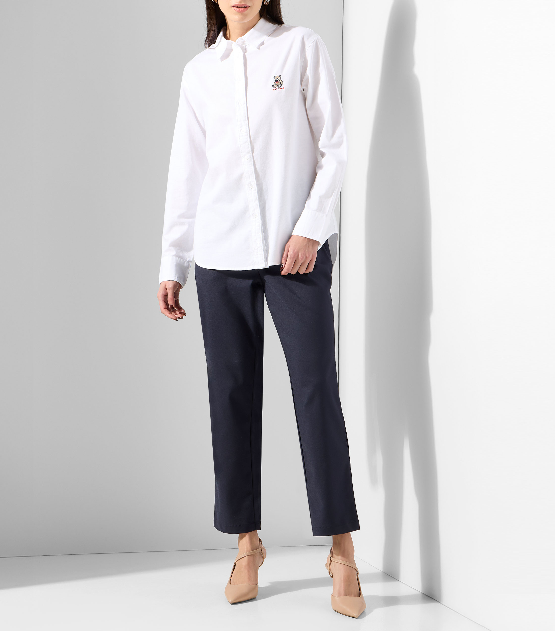 Camisa Oxford lisa manga larga Mujer