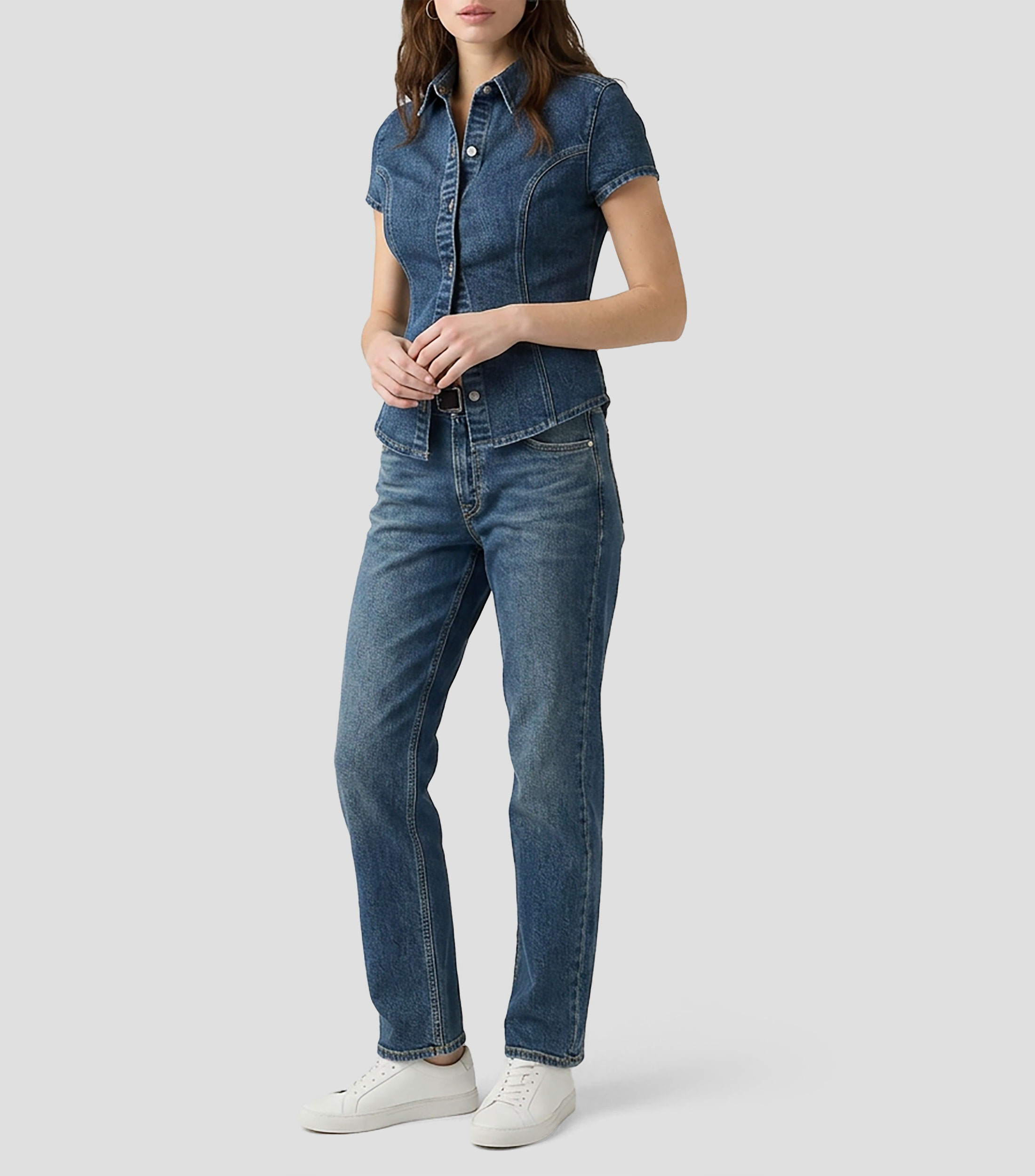 Camisa de mezclilla sólida manga corta Mujer