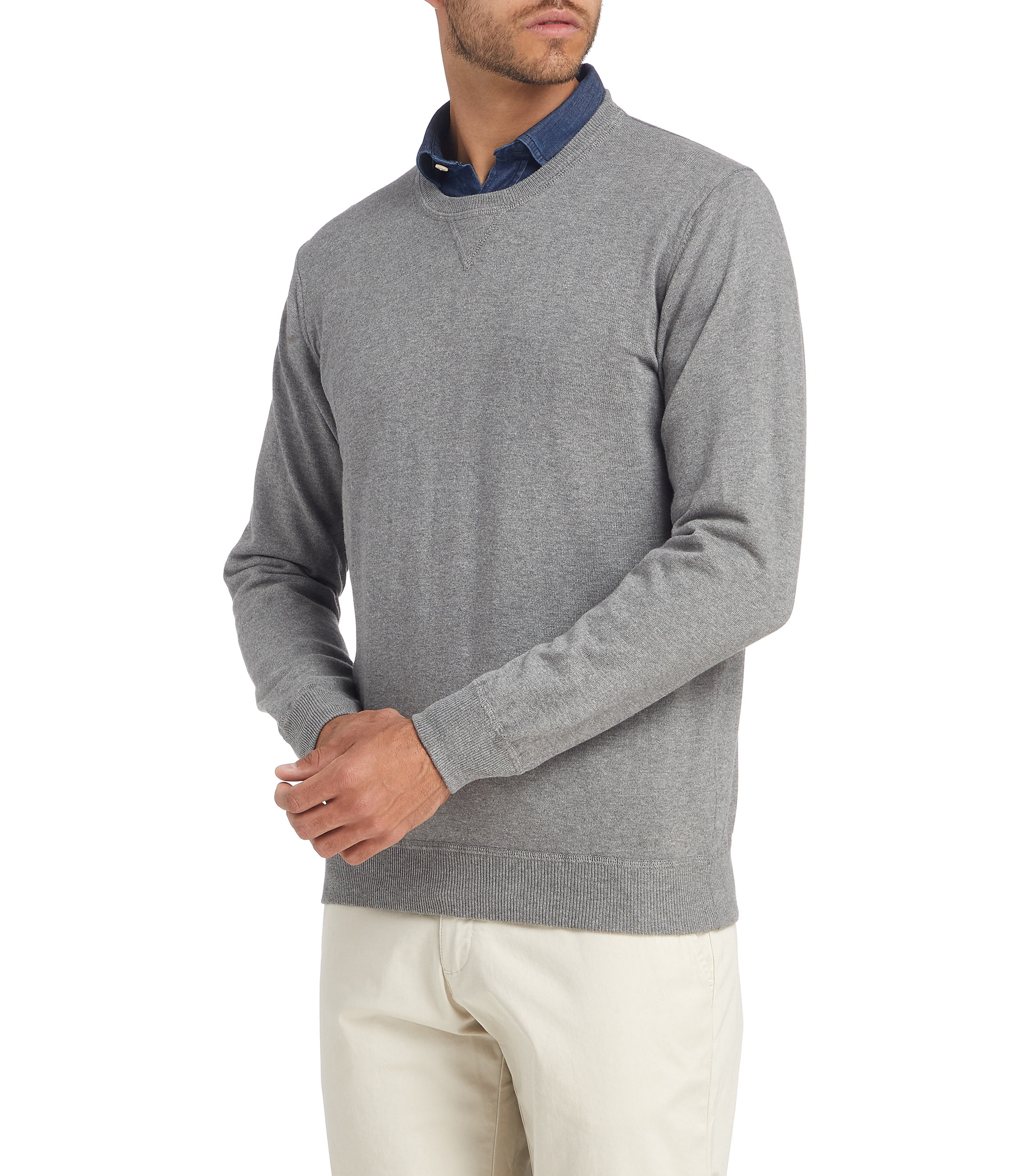 Jersey de cuello redondo liso de punto fino - gris | be normal Jersey de cuello redondo liso de punto fino - gris | be normal