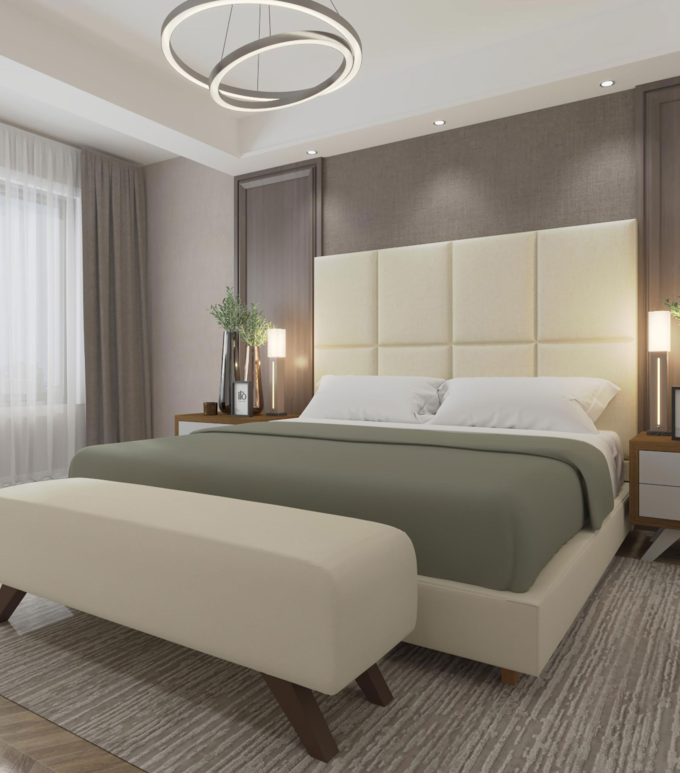 Cama King Size Textured Linen blanca en madera