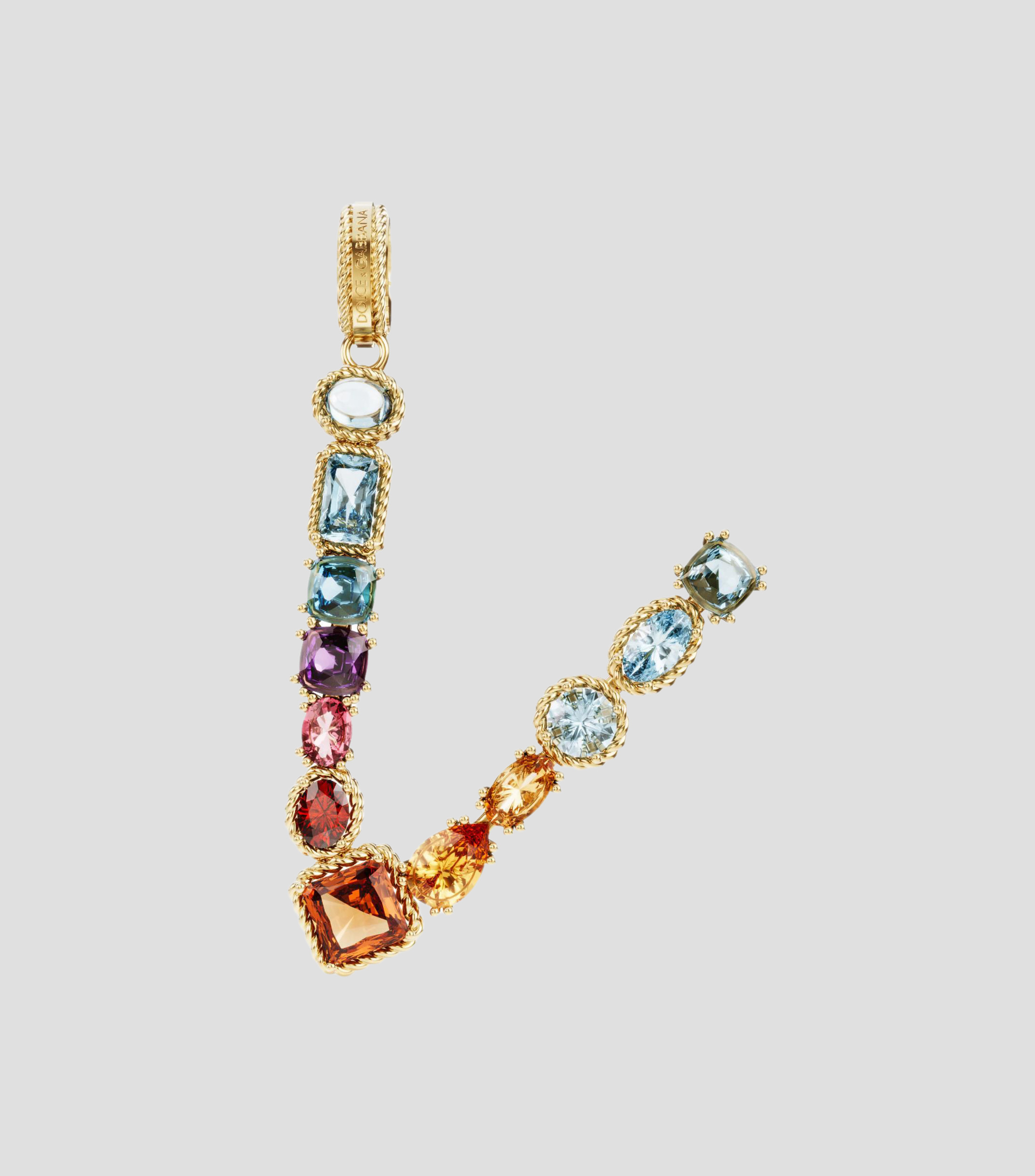 Charm en forma de letra V en Oro de 18 Kilates con gemas naturales multicolores Alphabet Rainbow Mujer
