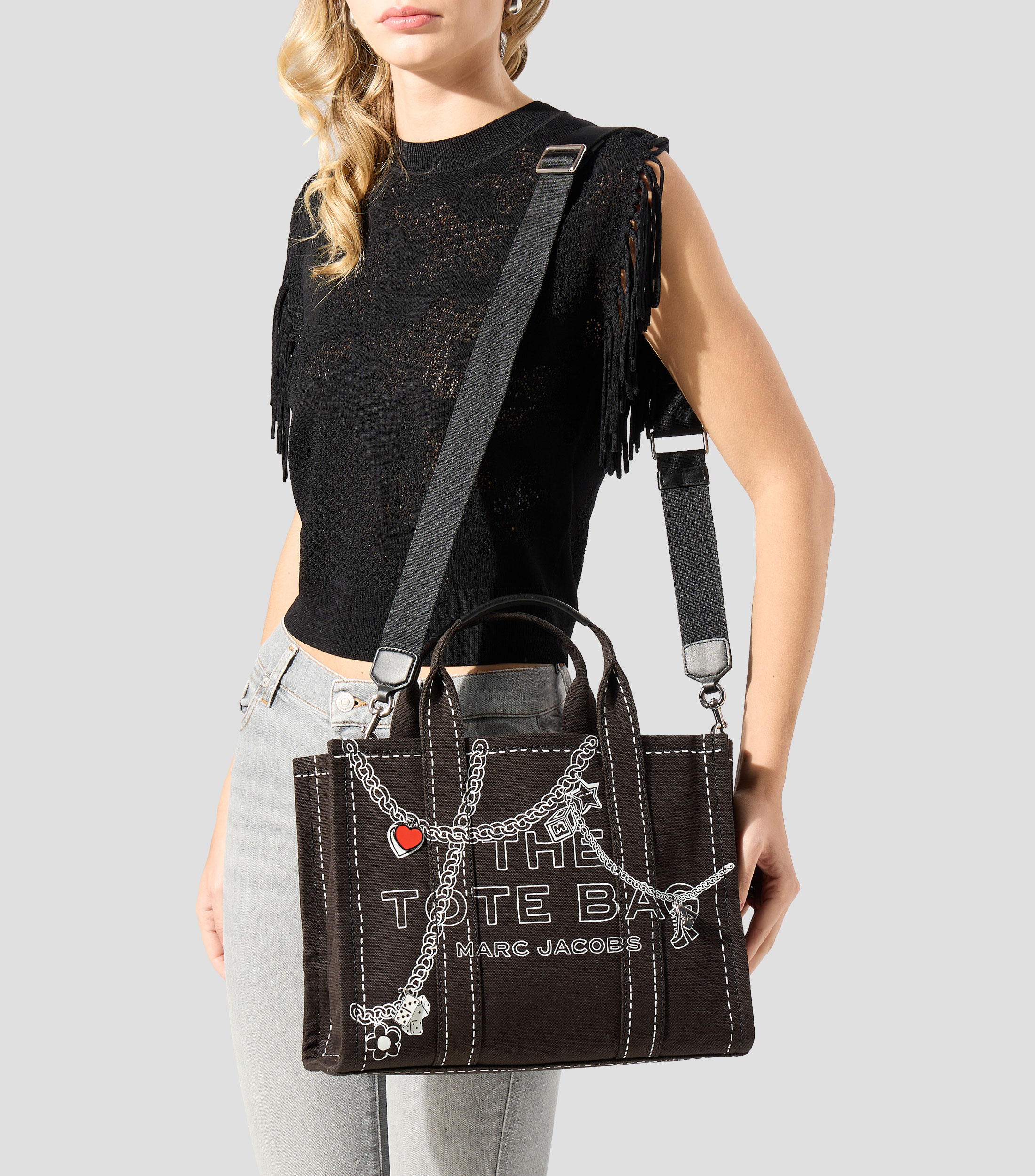 Bolsa tote negra Trompe Loeil estampada Mujer