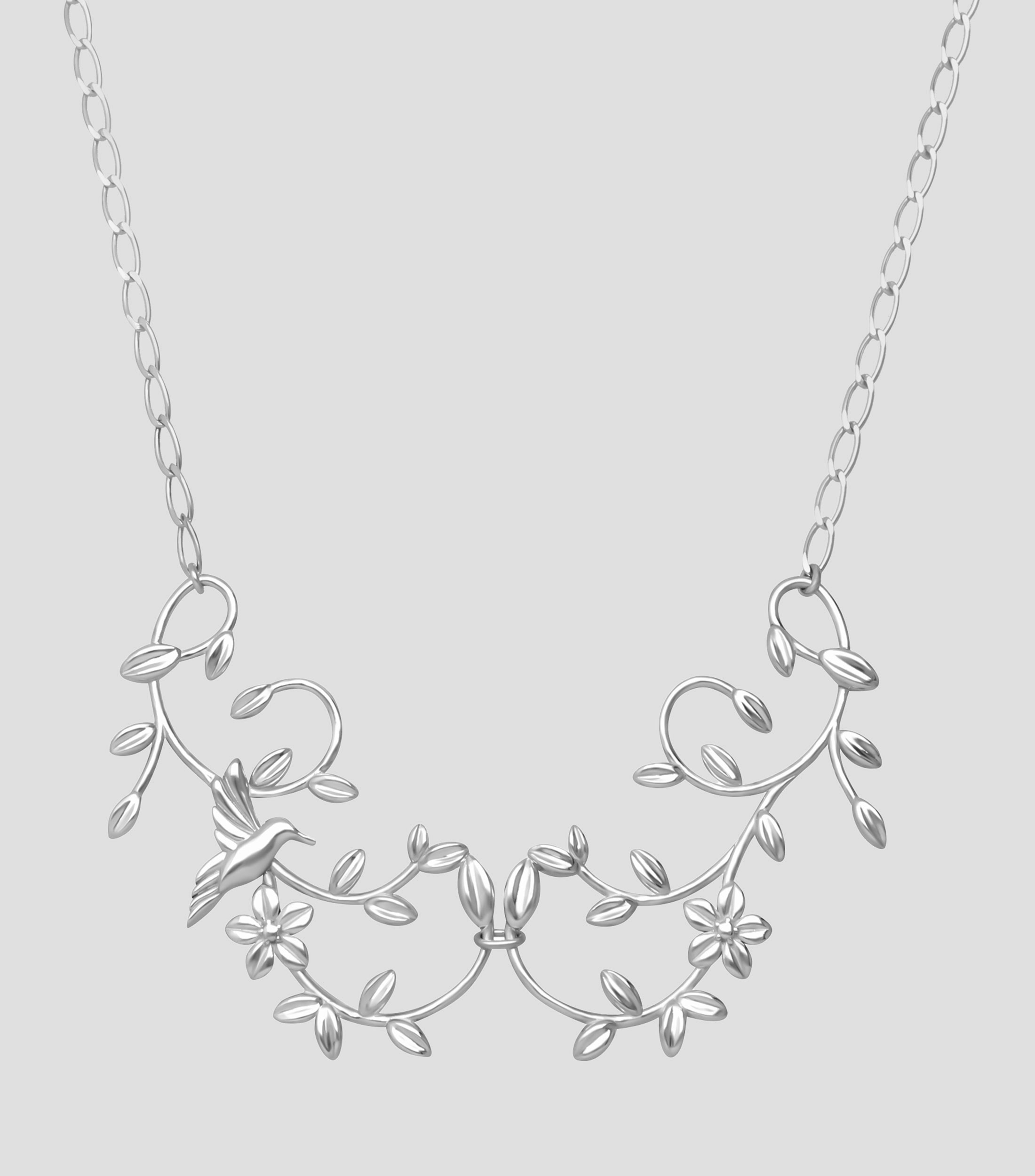 Collar con hojas y colibrí en Plata .925 Mujer