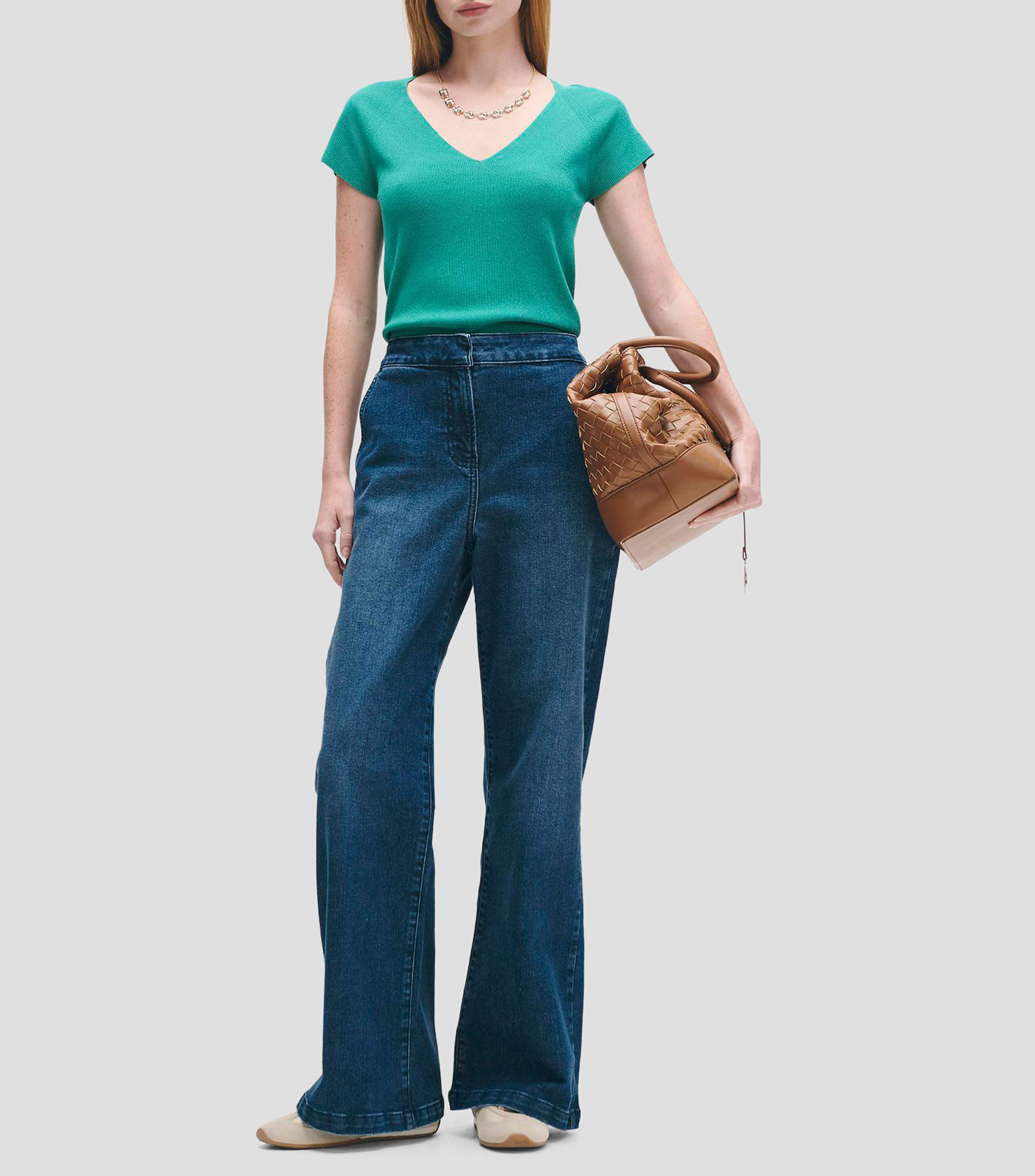 Blusa tejido de punto escote V manga corta ranglan en combinación Mujer