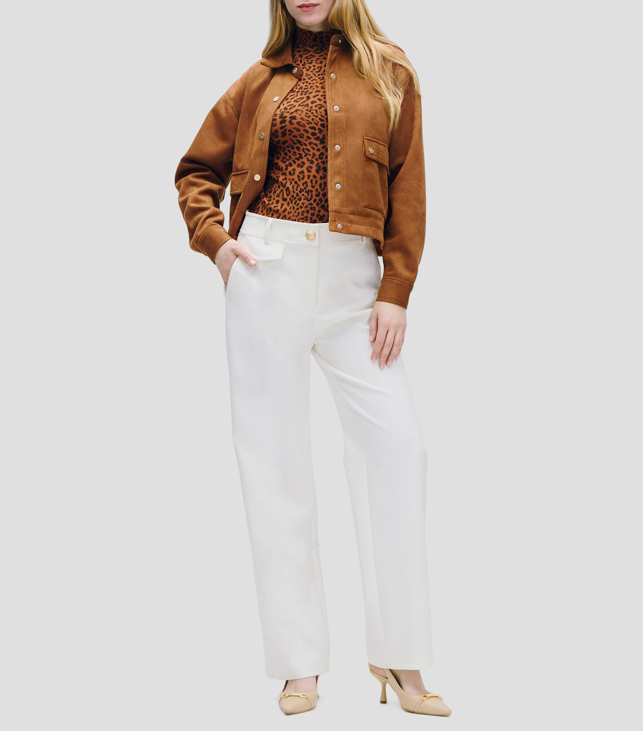 Pantalón Recto Fluido Tiro Alto Natural Pespuntes Marcados Cartera Simulada Mujer
