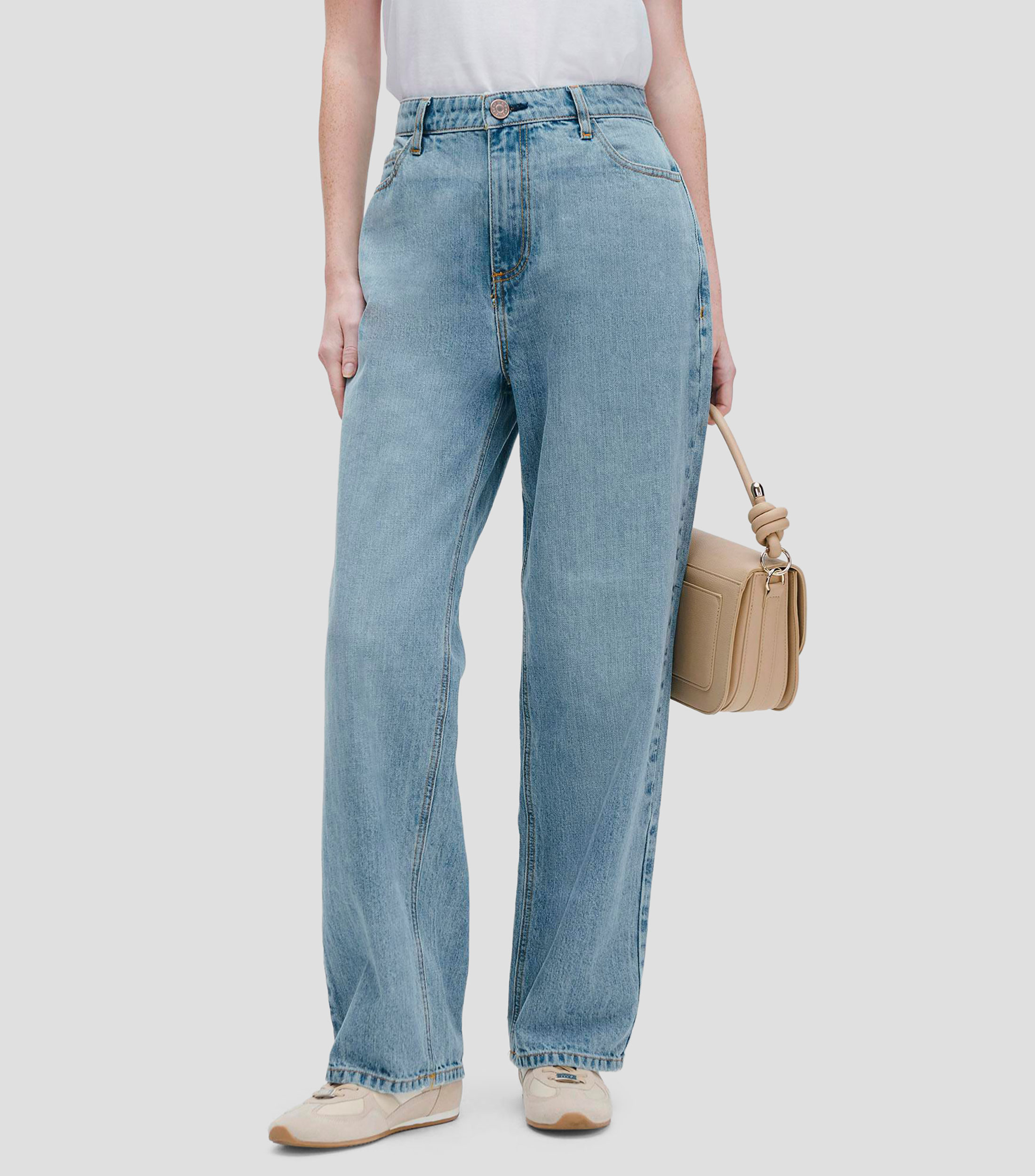 Jeans Straight Baggy Tiro Alto Deslavado Mujer