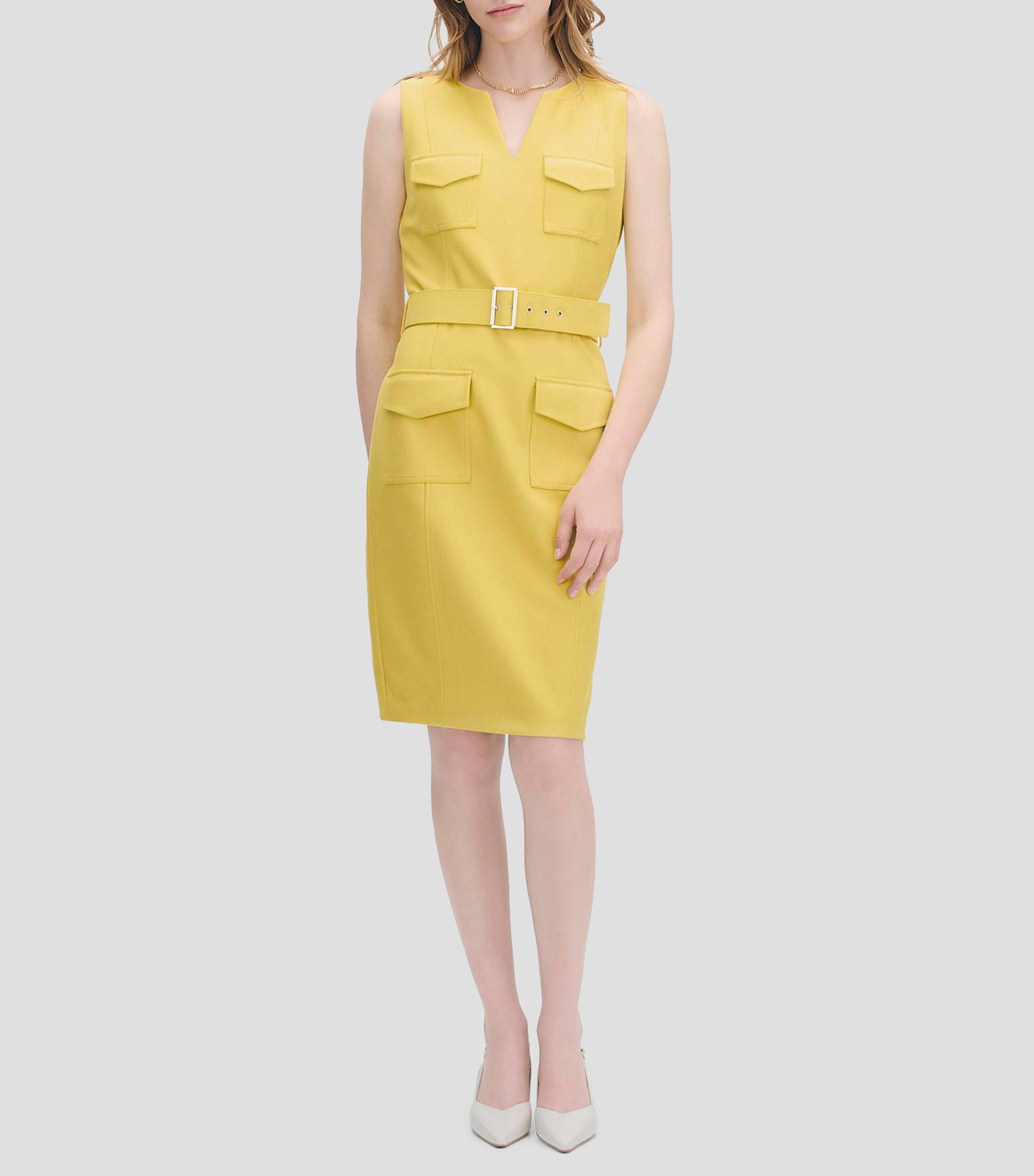 Vestido entallado escote V bolsillos cartera Mujer