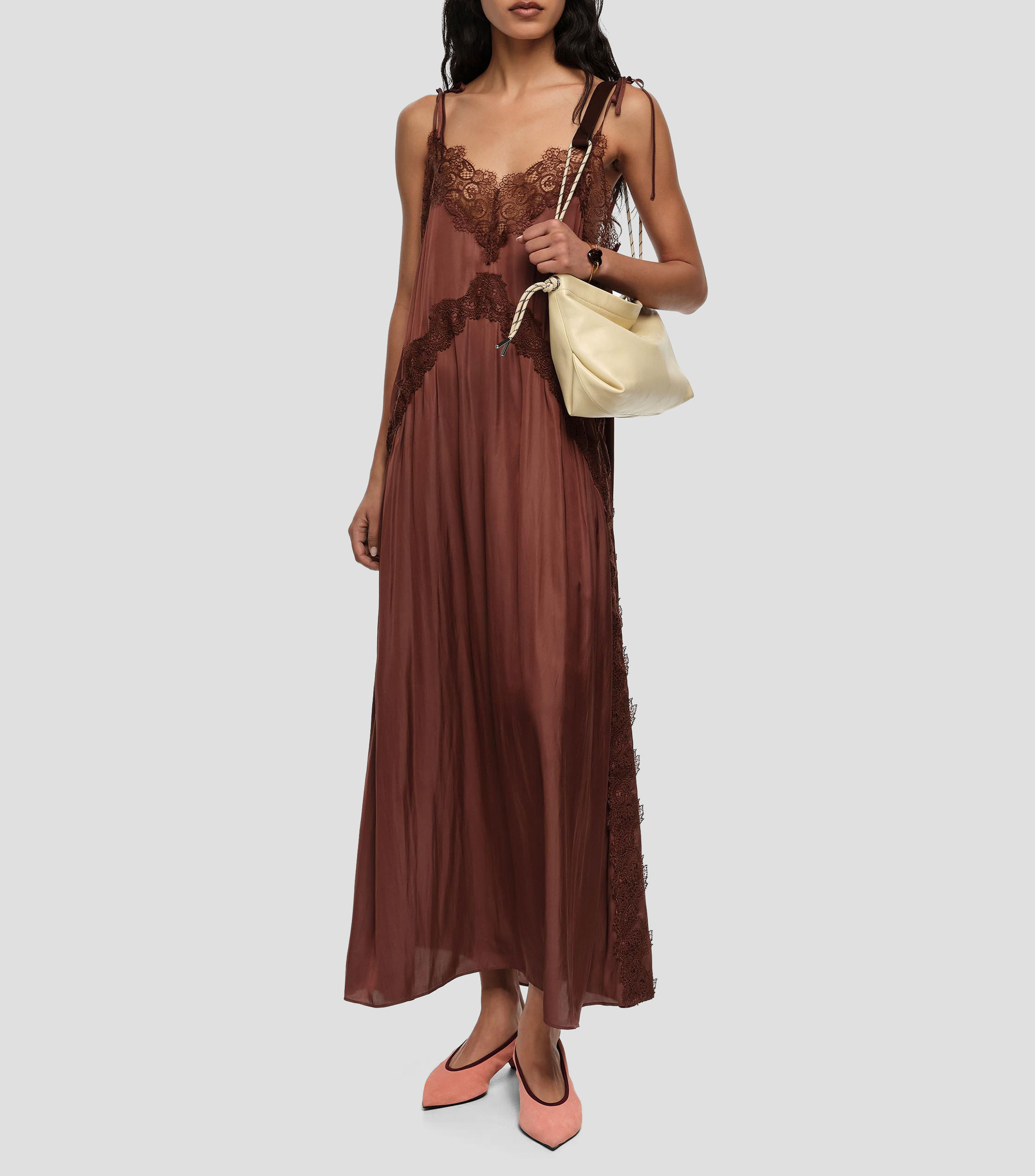 Vestido fluido encaje marrón Mujer