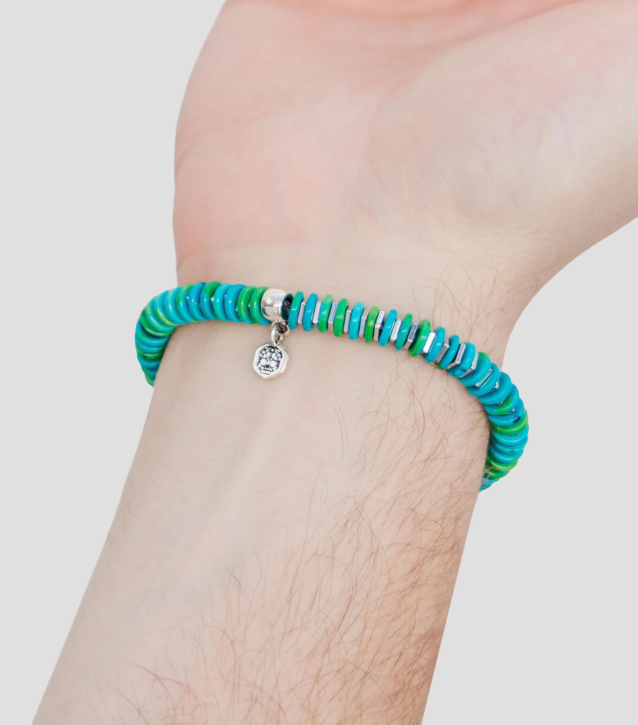 Pulsera en plata 925 verde y azul con cuentas de disco Hombre
