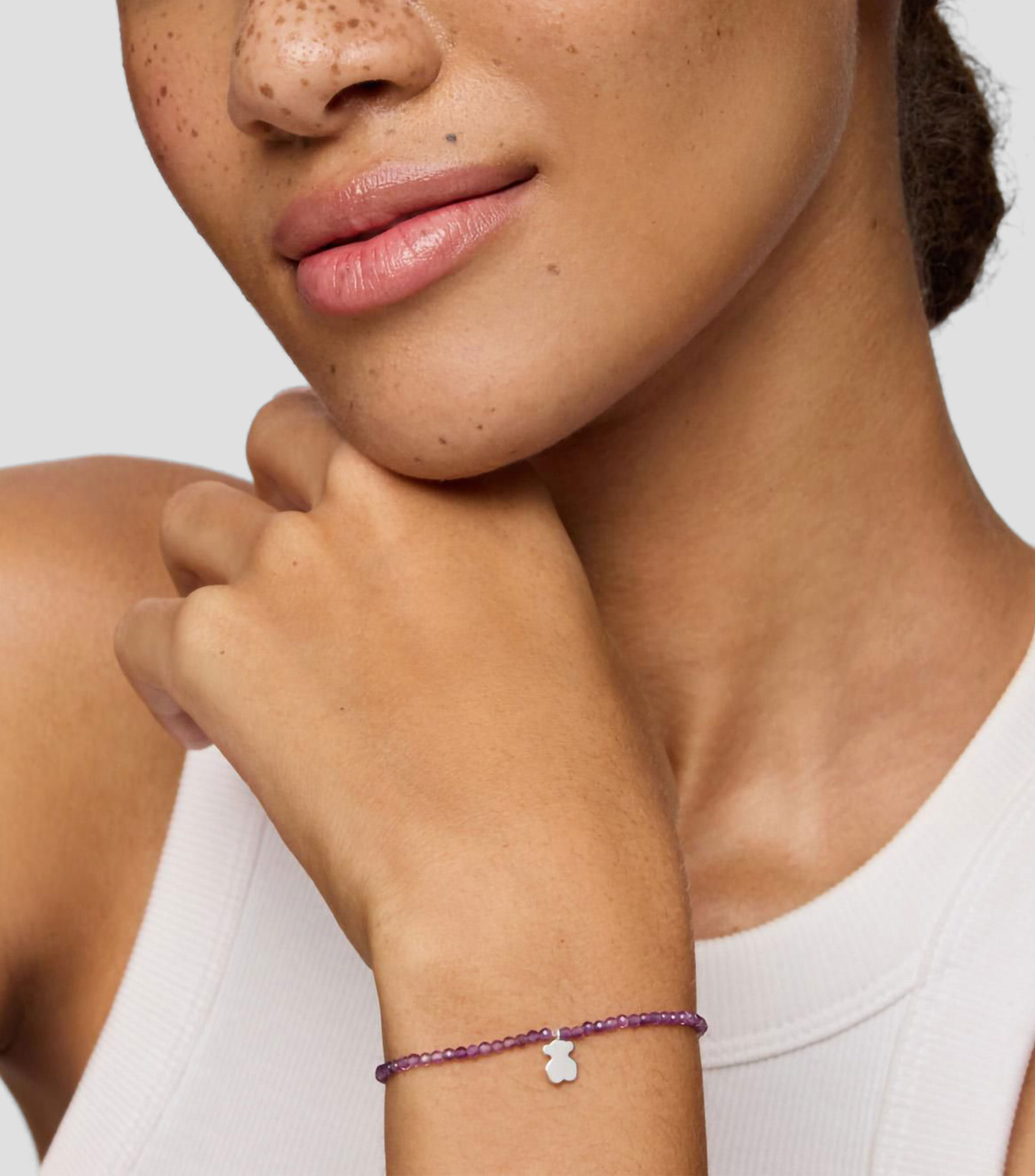 Pulsera Elastica con Bolas Facetadas con Amatista Motivos Mujer