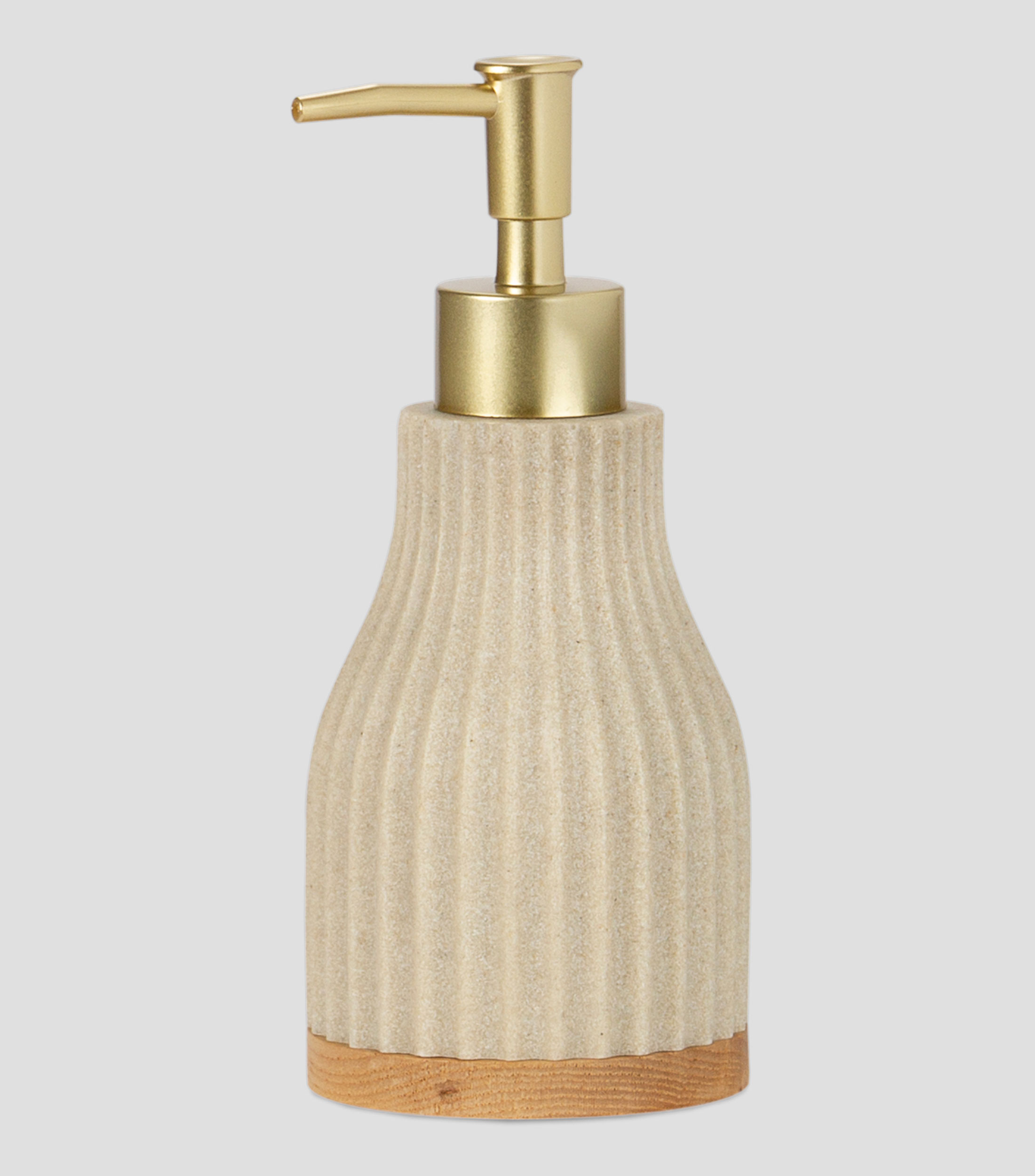 Dispensador de Jabón Beige Claro y Dorado en Poliresina, Madera