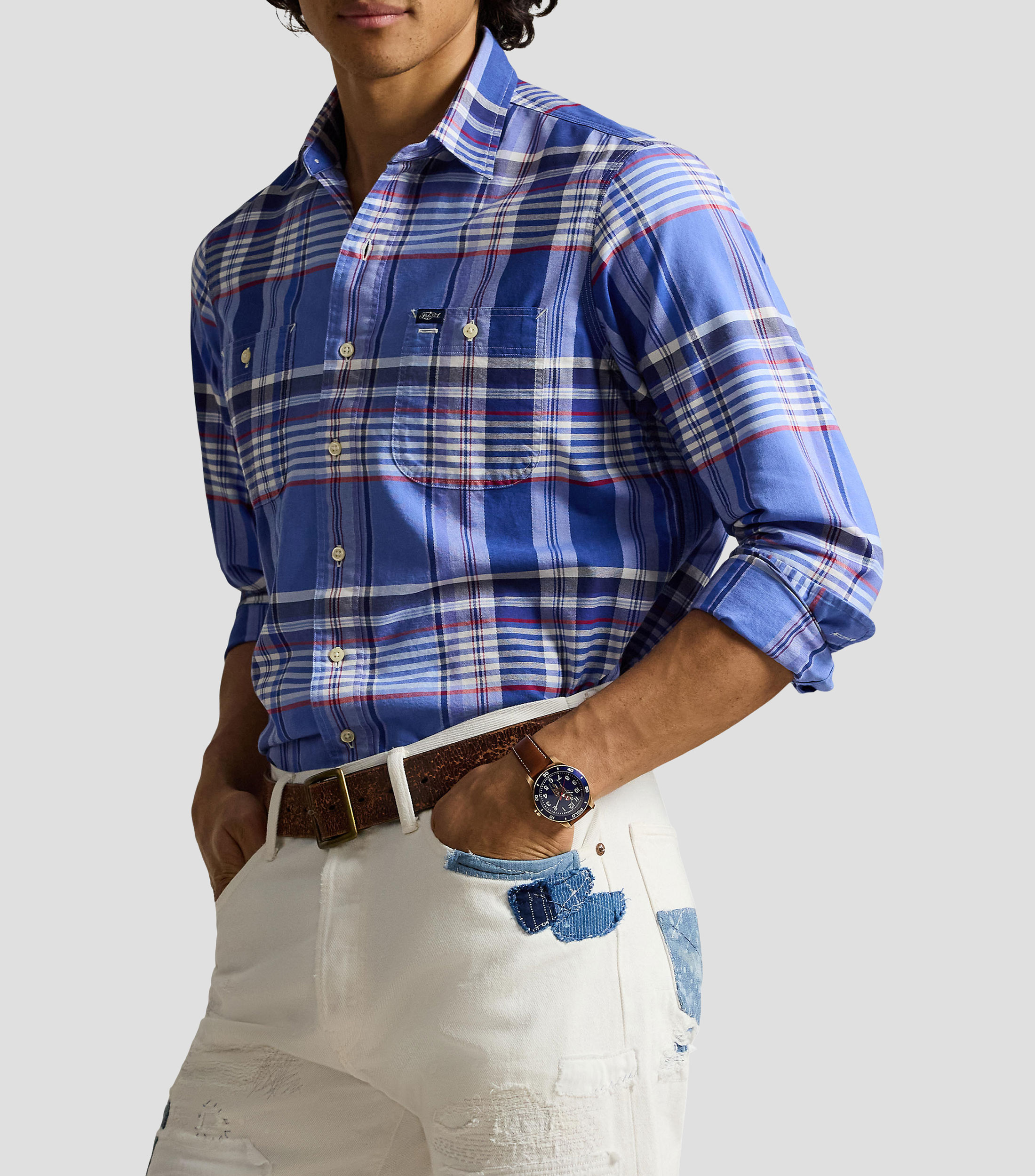 Camisa Oxford con cuadros manga larga Hombre