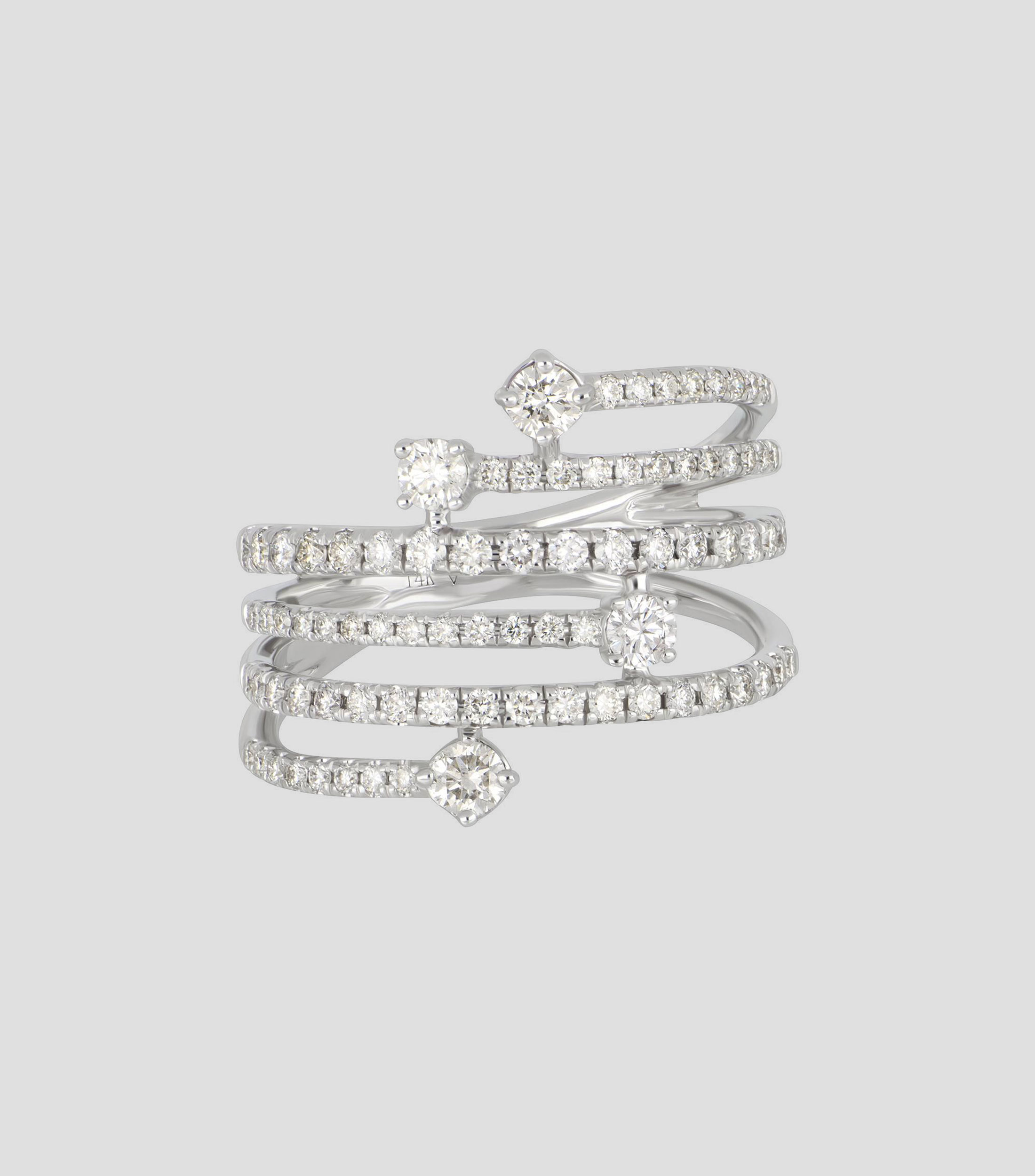 Anillo en oro blanco de 14 kilates con hileras de diamantes naturales Mujer