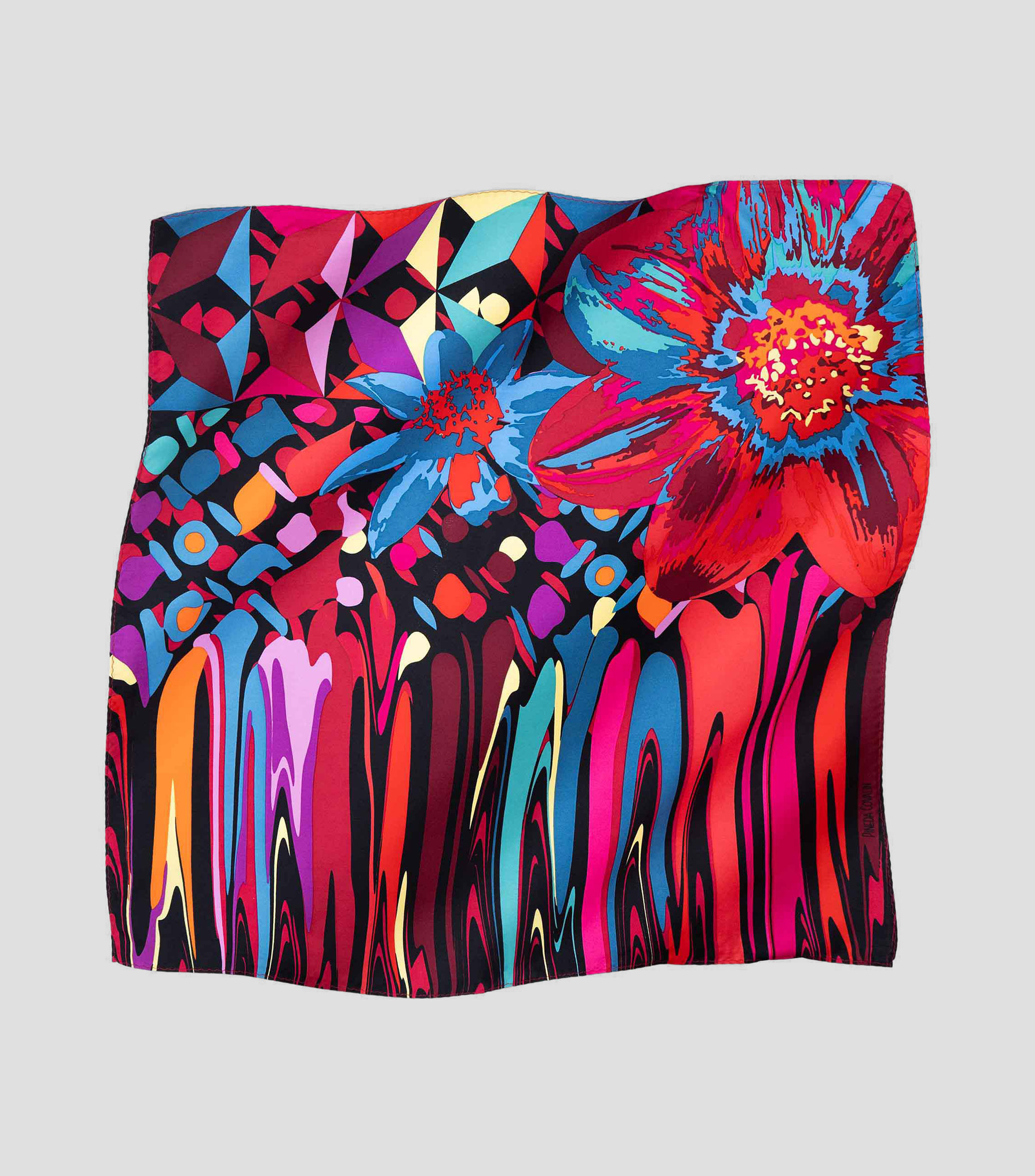 Mascada en seda negro con azul estampada Mujer