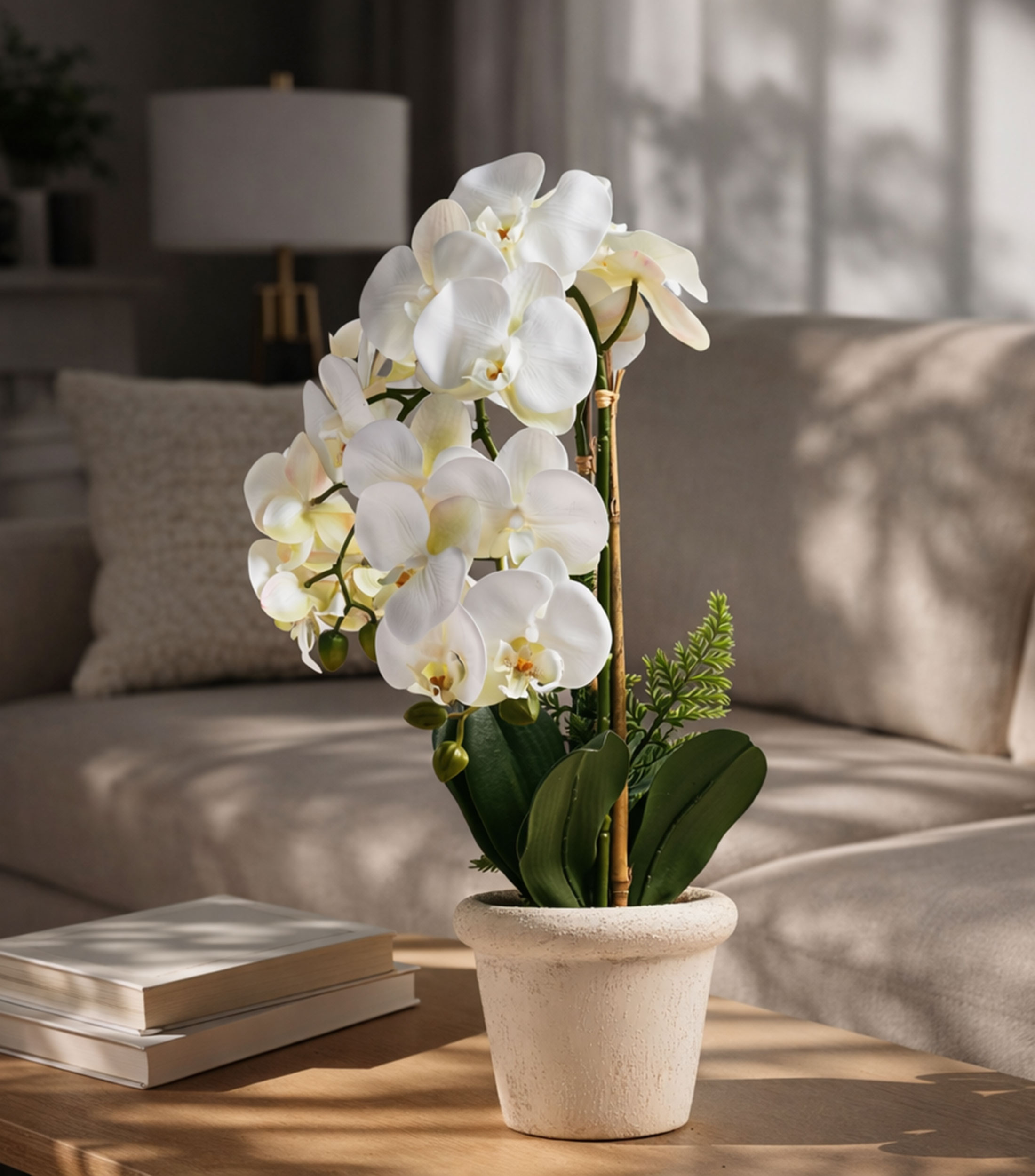 Orquídea blanca decorativa en maceta, artificial