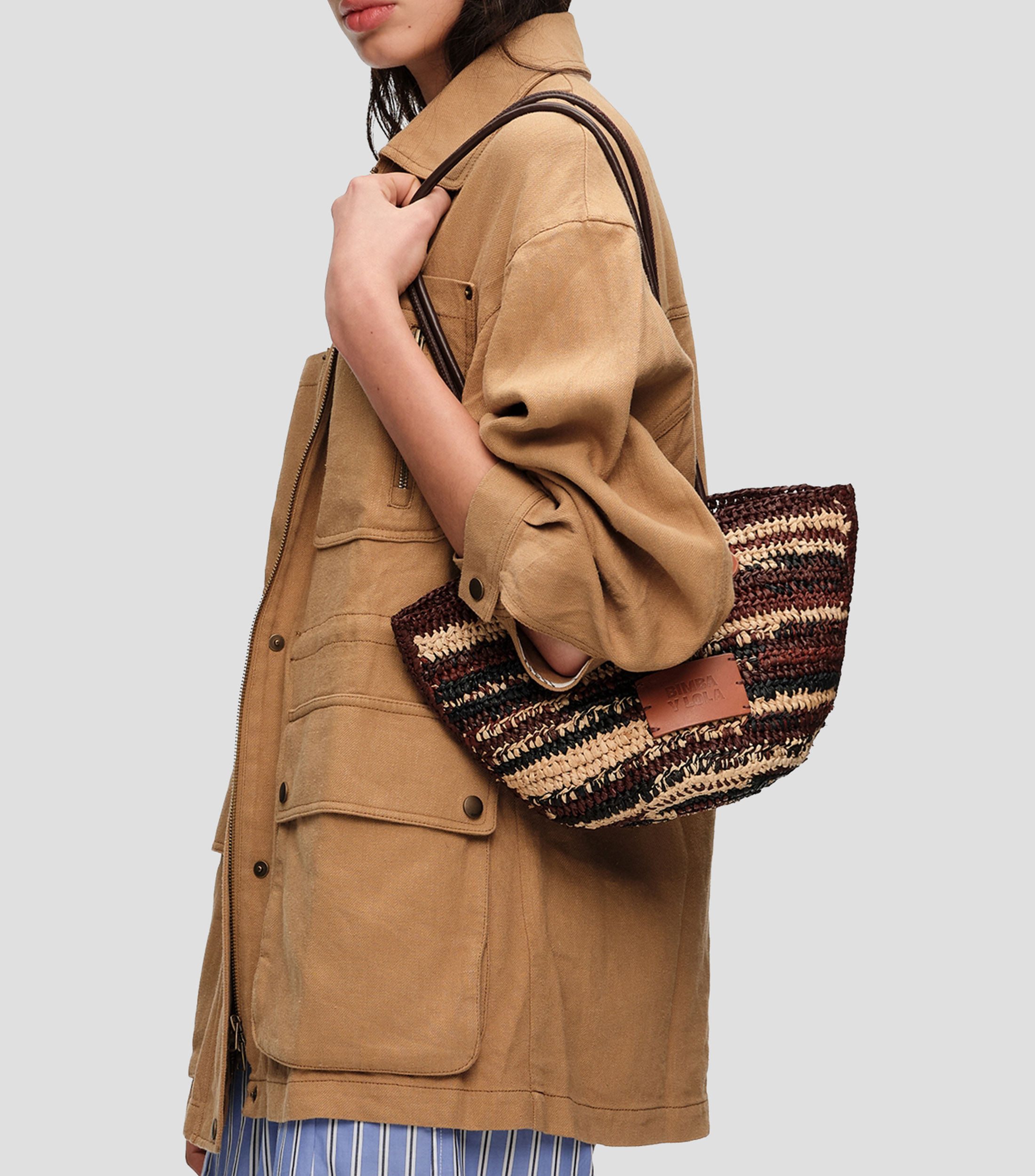Bolsa capazo pequeña rafia café oscuro Mujer