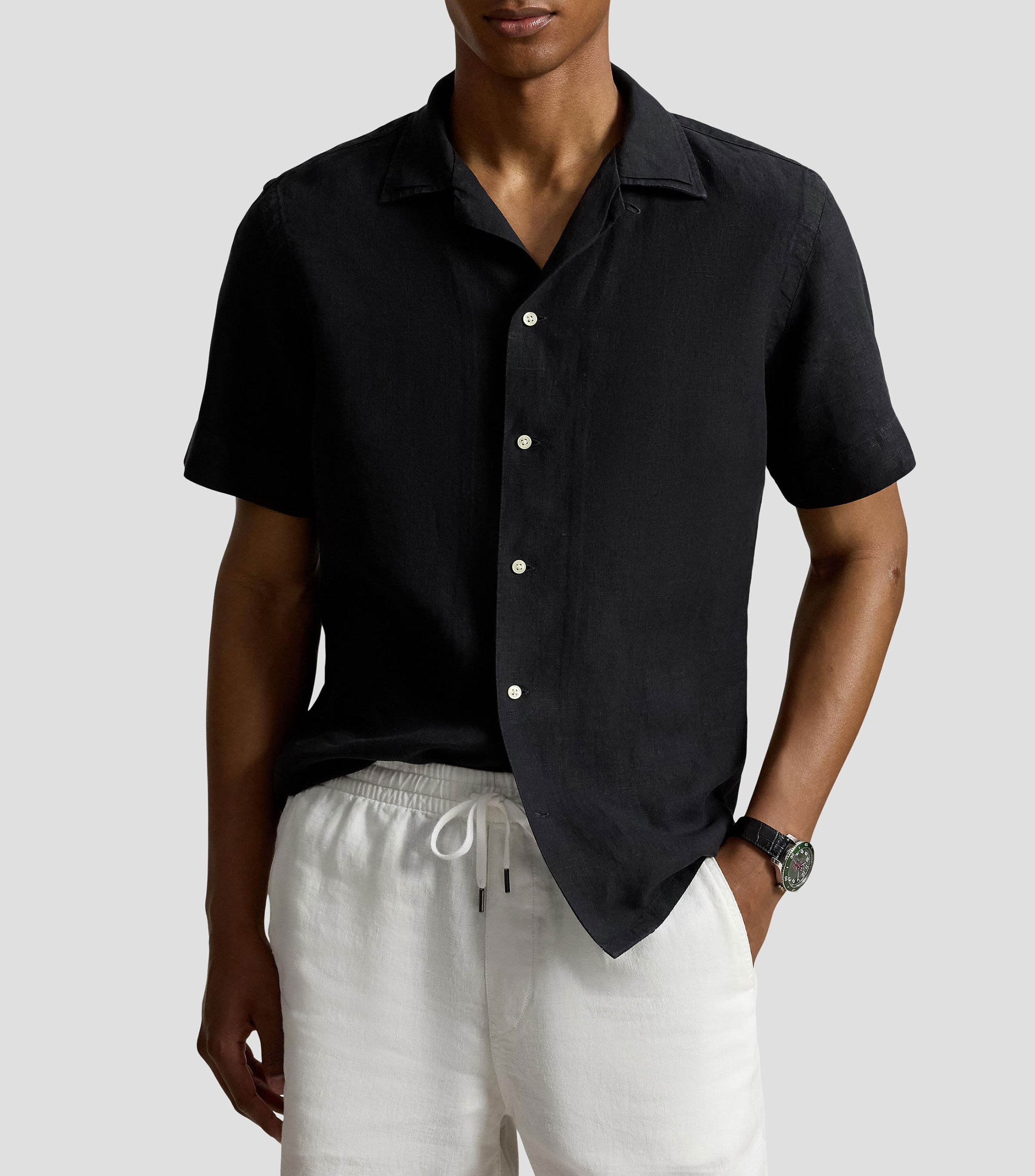 Camisa lisa en lino con manga corta Hombre