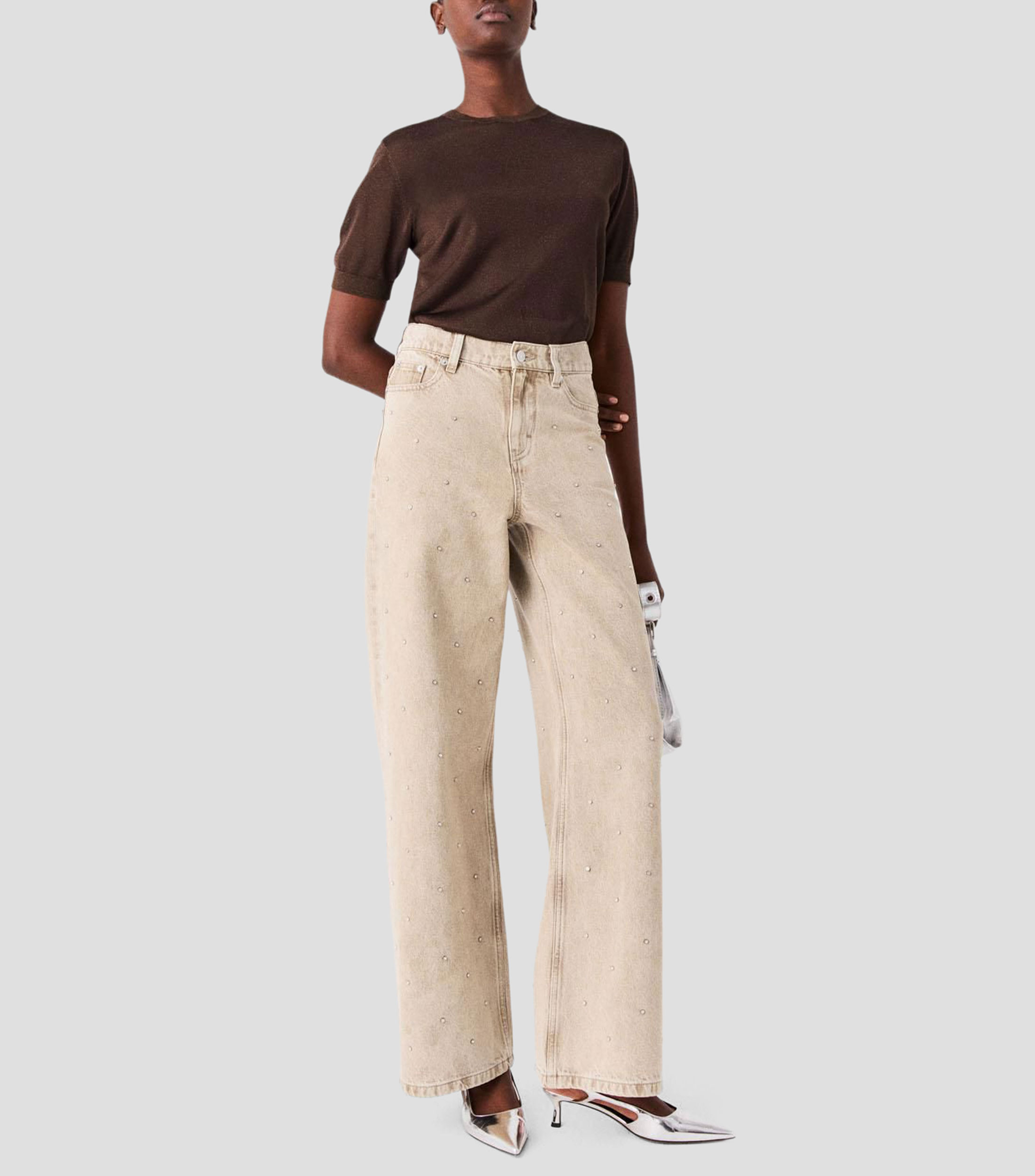 Jeans de corte amplio beige mujer