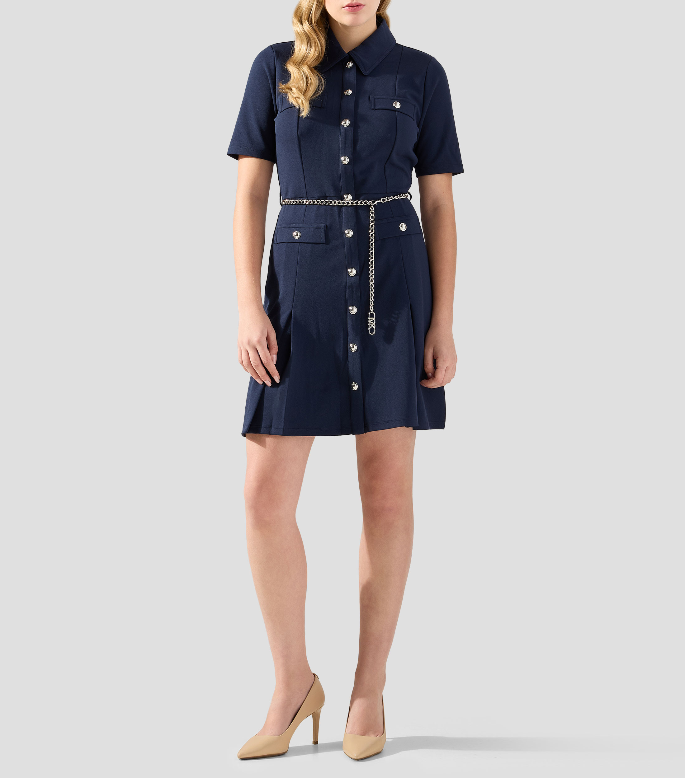 Vestido midi liso manga corta Mujer