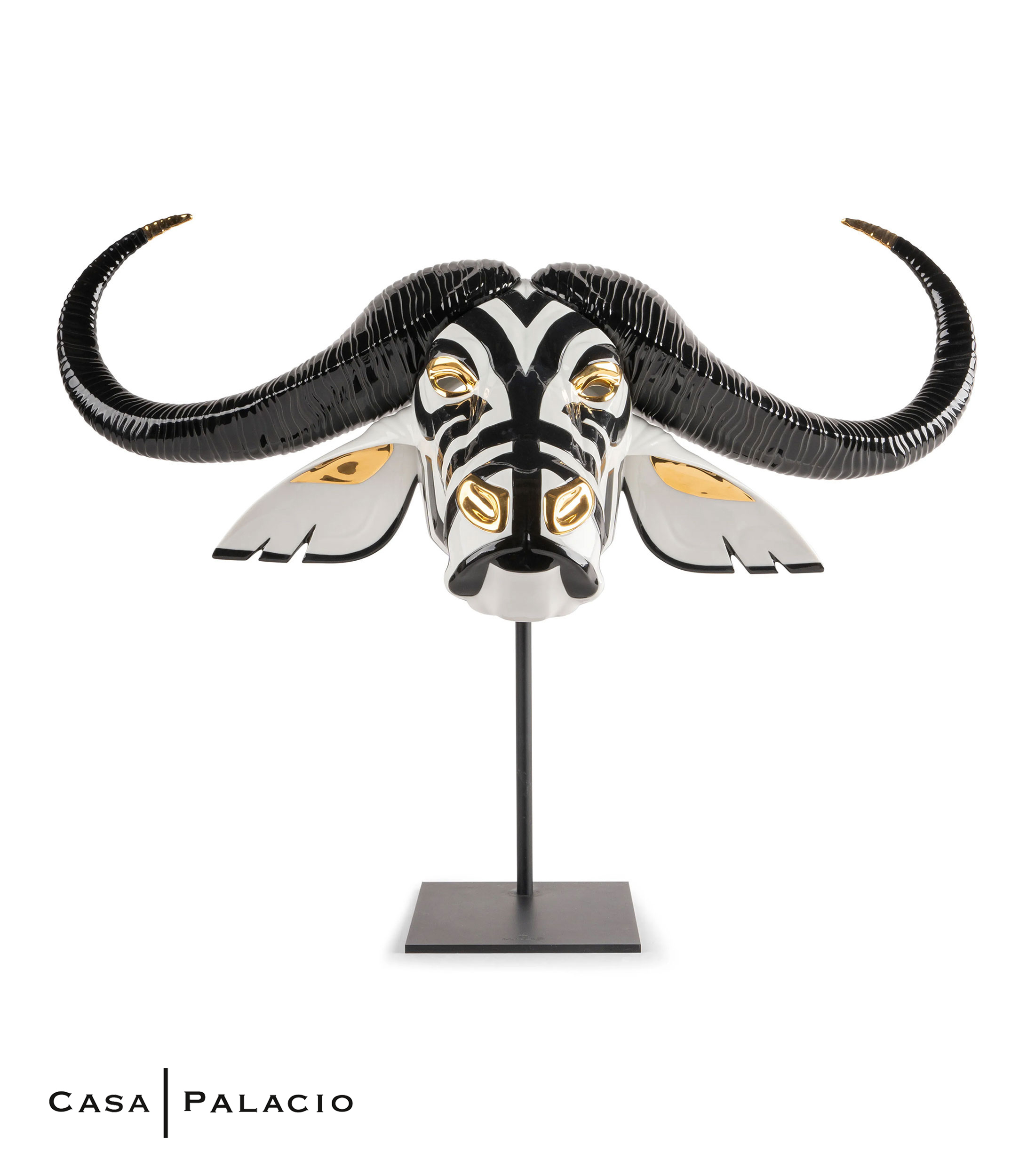 Escultura Mascara Bufalo Negro-Oro en porcelana