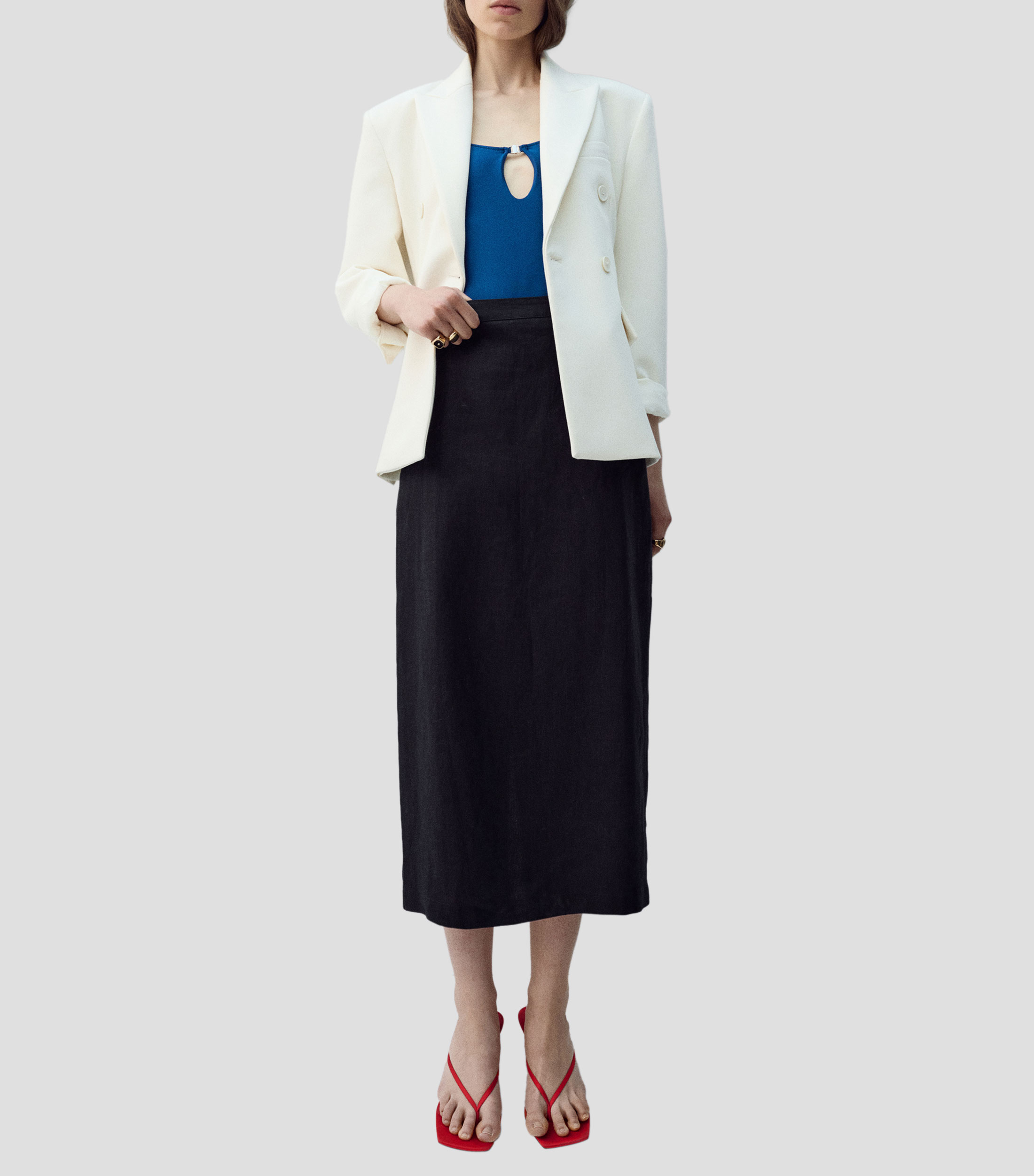 Falda midi de corte recto lisa Mujer