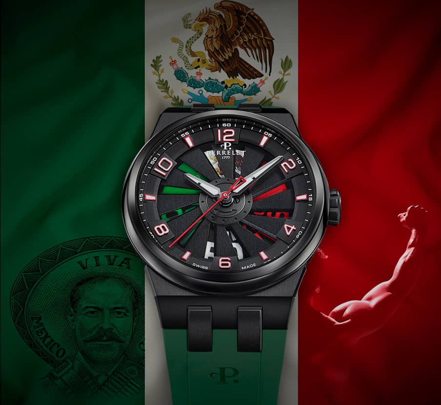 Imagen de reloj negro con bandera de mexico detras PERRELET