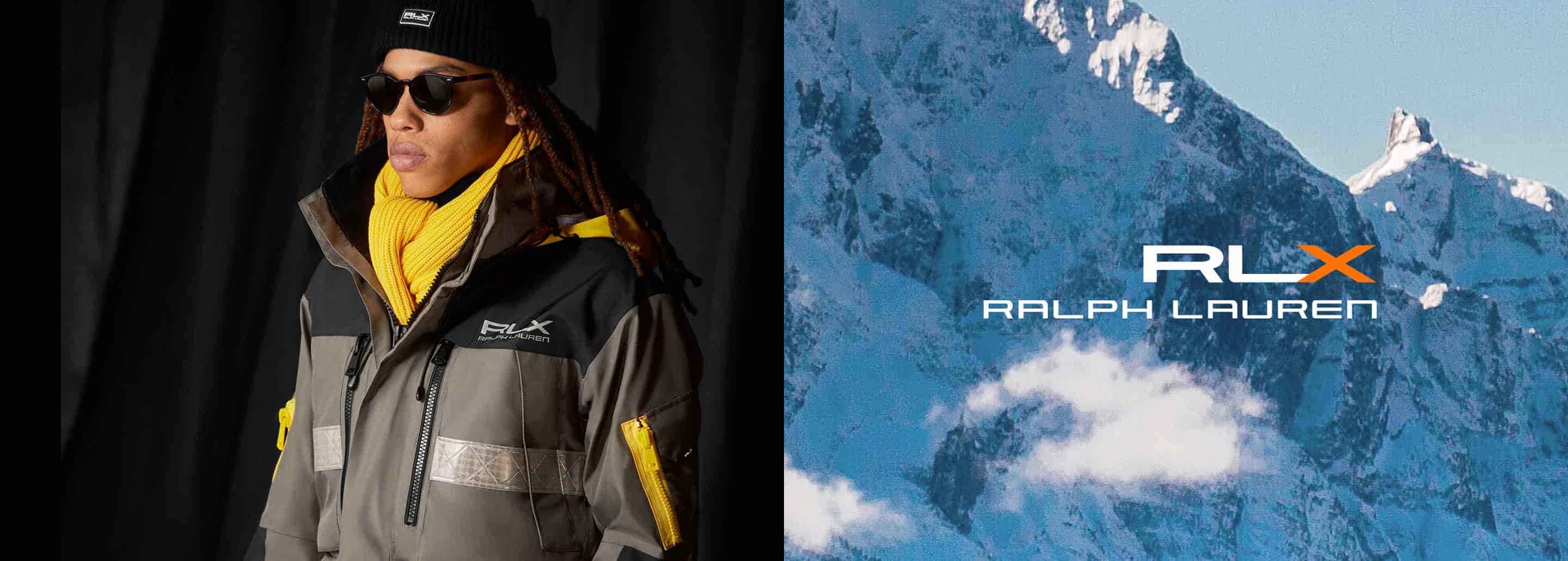 imagen en dos cuadros, del lado izquierdo un hombre con un gorro negro, lentes de sol, bufanda amarilla y chamarra gruesa color gris con negro, del lado derecho imagen de una montañas con nieve y  la leyenda: RXL RALPH LAUREN. POLO RALPH LAUREN