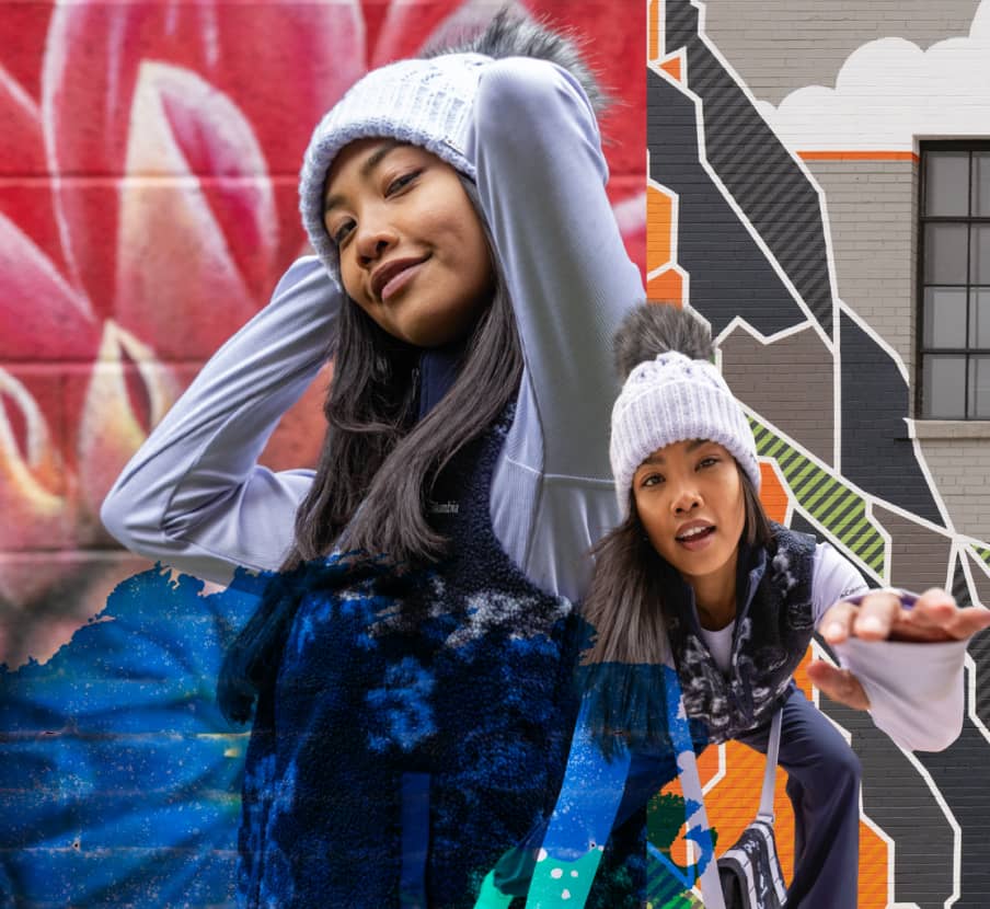 imagen de mujer con gorro y blusa grices frente  a pared  con pintura azul y naranja, COLUMBIA